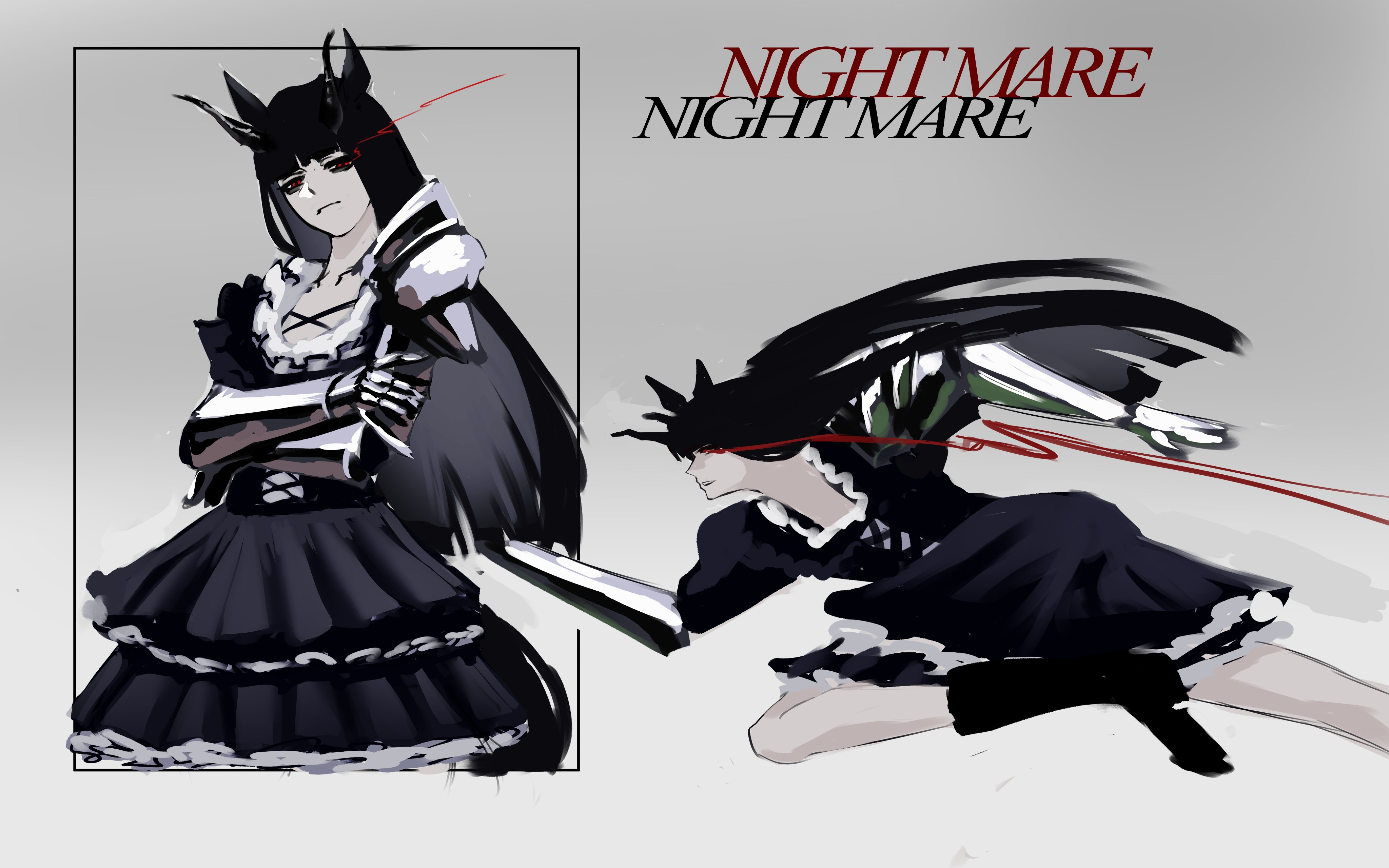 sunny (shadow slave), shadow slave, umamusume, absurdres, character request, check character, highres, 1girl, :t, animal ears, black hair, black socks, borrowed clothes, colored inner hair, corset, crossed arms, dashing, feet out of frame, gauntlets, genderswap, genderswap (mtf), horns, horse ears, jiejiepen, kemonomimi mode, lace trim, long hair, looking at viewer, motion blur, multicolored hair, red eyes, socks, solo