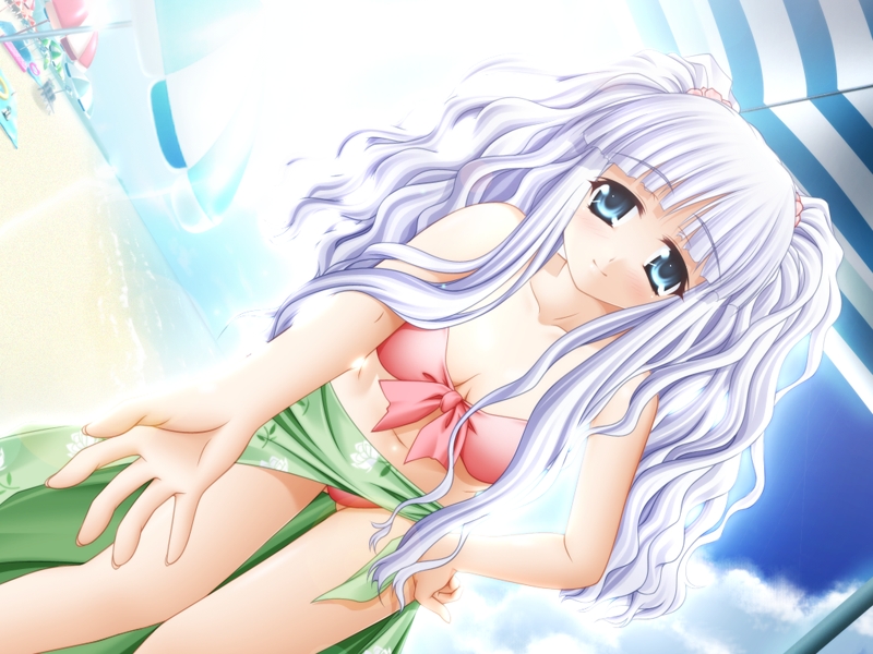 kounose akara, minase kotoka, colorfull!!, game cg, non-web source, 1girl, bent over, bikini, blue eyes, dutch angle, female focus, innertube, sarong, solo, swim ring, swimsuit, twintails, white hair