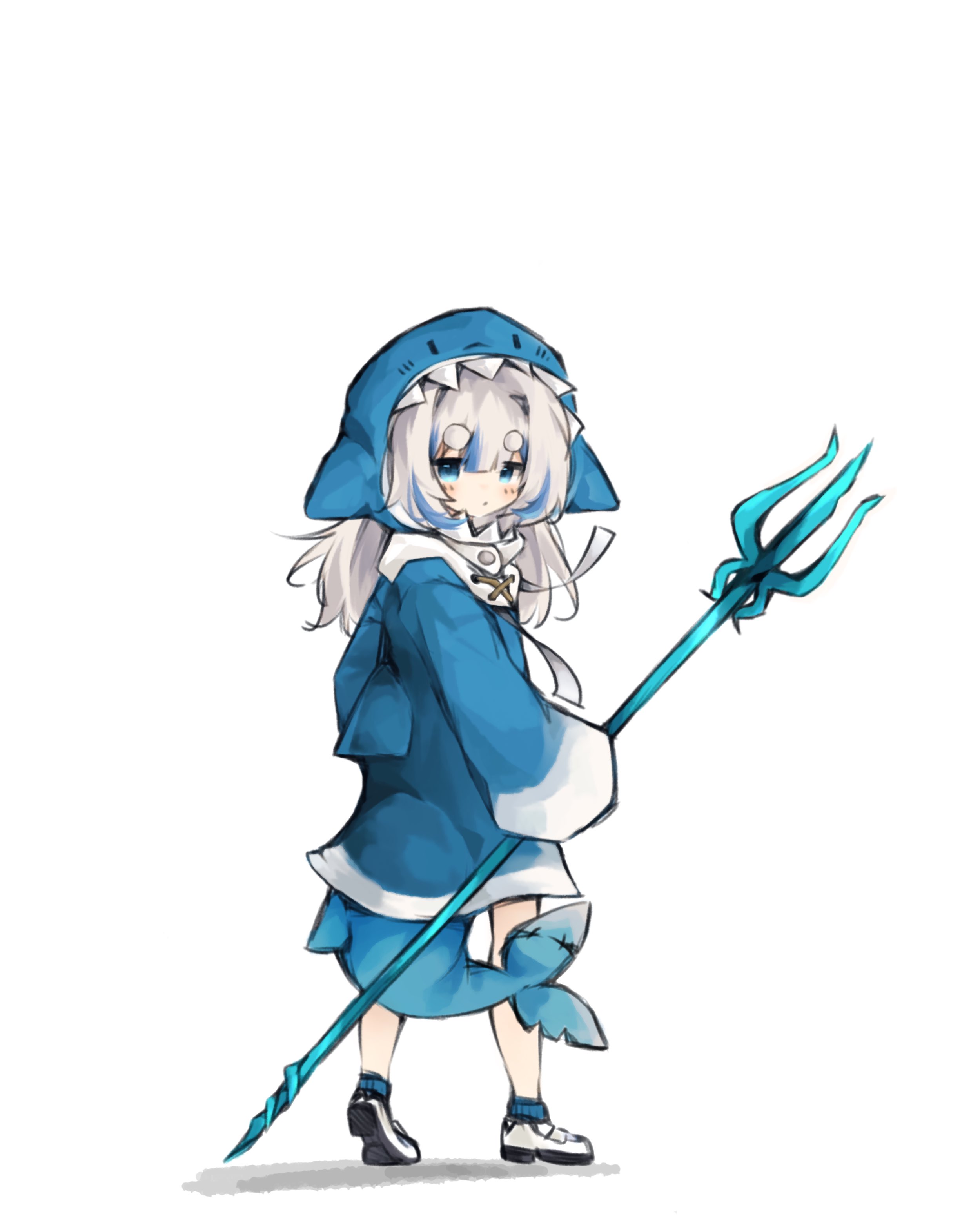 doktahzaki, gawr gura, gawr gura (1st costume), hololive, hololive english, absurdres, bad id, bad twitter id, highres, 1girl, animal costume, animal hood, blue eyes, blue hair, blue hoodie, blunt bangs, fins, fish tail, grey hair, hair ornament, holding, holding polearm, holding weapon, hood, hoodie, long hair, long sleeves, looking at viewer, multicolored hair, polearm, shark costume, shark girl, shark hair ornament, shark hood, shark print, shark tail, sharp teeth, solo, streaked hair, tail, teeth, trident, two side up, virtual youtuber, weapon