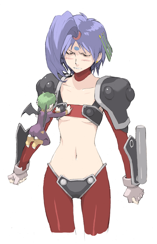enami katsumi, akumako, v-sion, k.o. century beast warriors, ko seiki beast sanjuushi, 2girls, armor, breast press, breasts, flat chest, midriff, multiple girls, ponytail, small breasts, wings