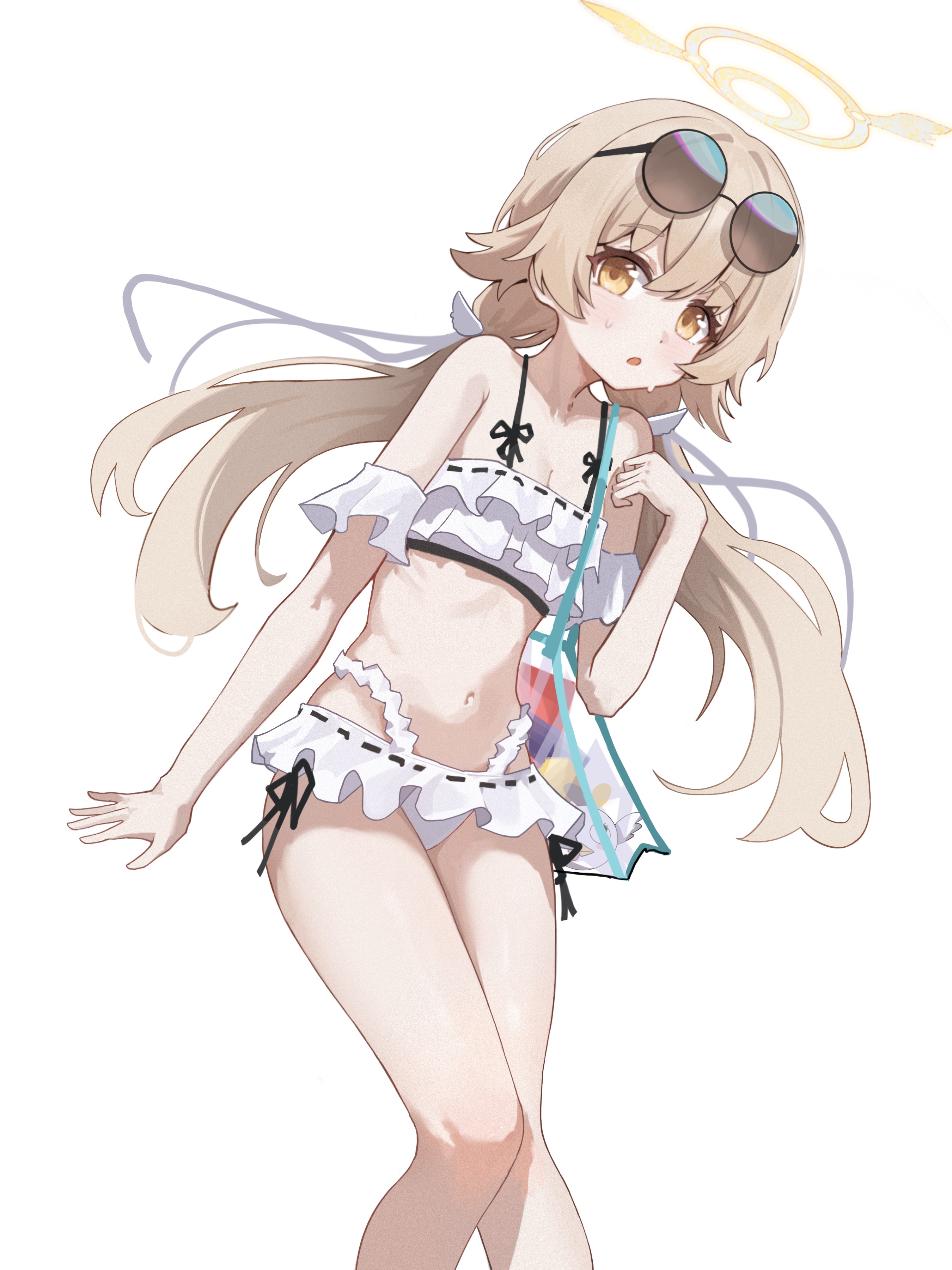 xiaoxiaoyifan, hifumi (blue archive), hifumi (swimsuit) (blue archive), blue archive, absurdres, chinese commentary, commentary, highres, 1girl, :o, arm at side, bare shoulders, bikini, blush, breasts, brown eyes, brown hair, cleavage, eyewear on head, feet out of frame, floating hair, frilled bikini, frills, hair between eyes, hair ornament, halo, hand up, long hair, looking at viewer, low twintails, navel, official alternate costume, open mouth, ribbon-trimmed bikini, ribbon trim, ribs, round eyewear, ruffle bikini, simple background, small breasts, solo, standing, stomach, sunglasses, sweatdrop, swimsuit, tareme, thighs, twintails, very long hair, white background, white bikini, wing hair ornament, winged halo, yellow halo