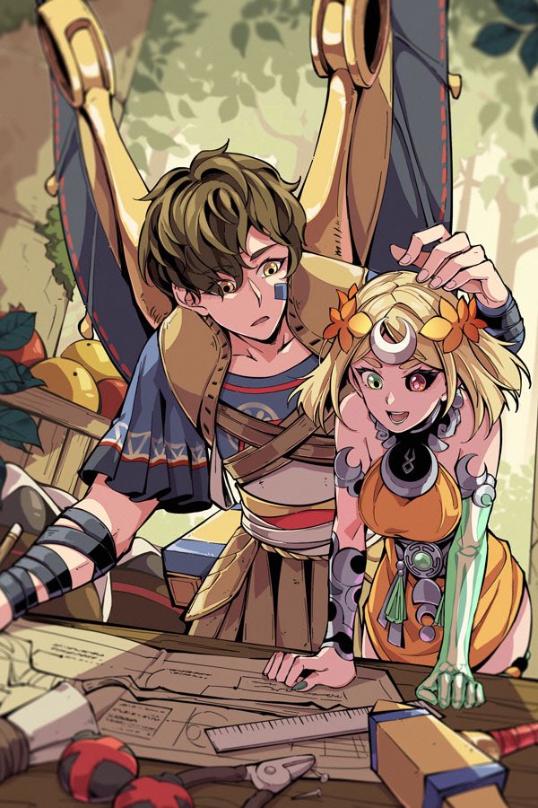 lucylee158, icarus (hades), melinoe (hades), hades (series), hades 2, commentary, english commentary, 1boy, 1girl, ancient greek clothes, black sclera, blonde hair, brown eyes, brown hair, colored sclera, dress, greco-roman clothes, green eyes, height difference, heterochromia, laurel crown, looking at another, mechanical wings, mismatched sclera, orange dress, red eyes, short hair, table, wings