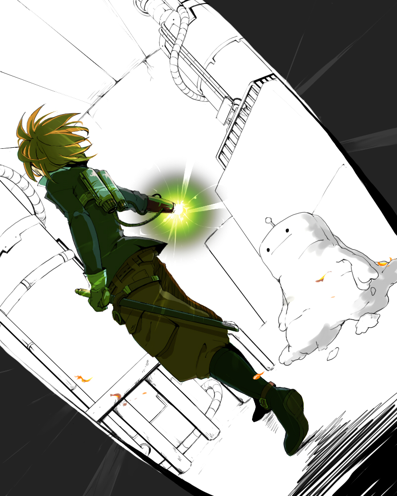 claus (mother 3), clayman, masked man (mother 3), mother (series), mother 3, nintendo, spoilers, 1boy, arm cannon, gloves, gun, male focus, orange hair, solo, sword, weapon