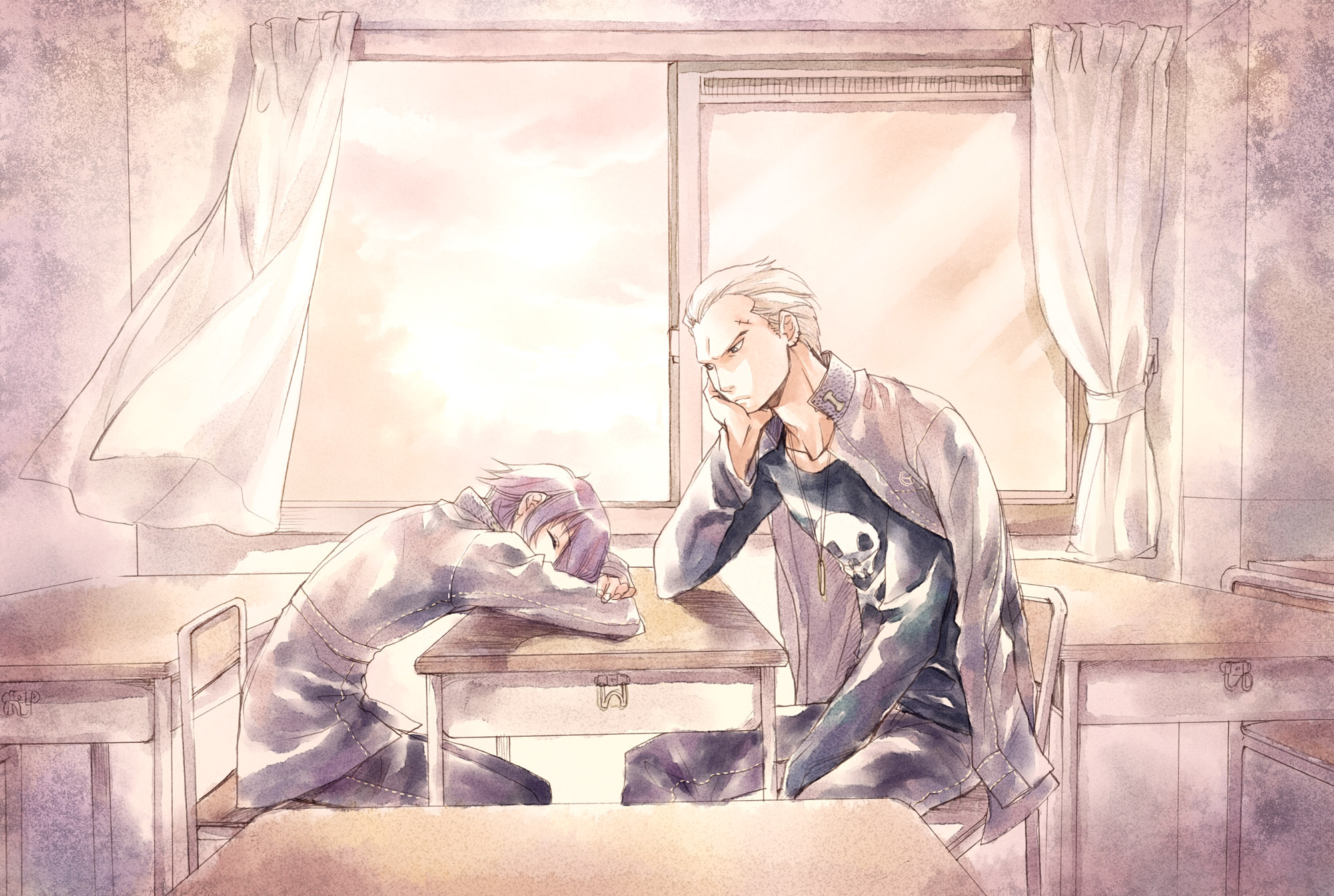 satsuki yuu (awairo), shirogane naoto, tatsumi kanji, atlus, persona, persona 4, highres, 1boy, 1girl, androgynous, blue hair, classroom, grey hair, jewelry, necklace, reverse trap, scar, school, school uniform, short hair, sleeping