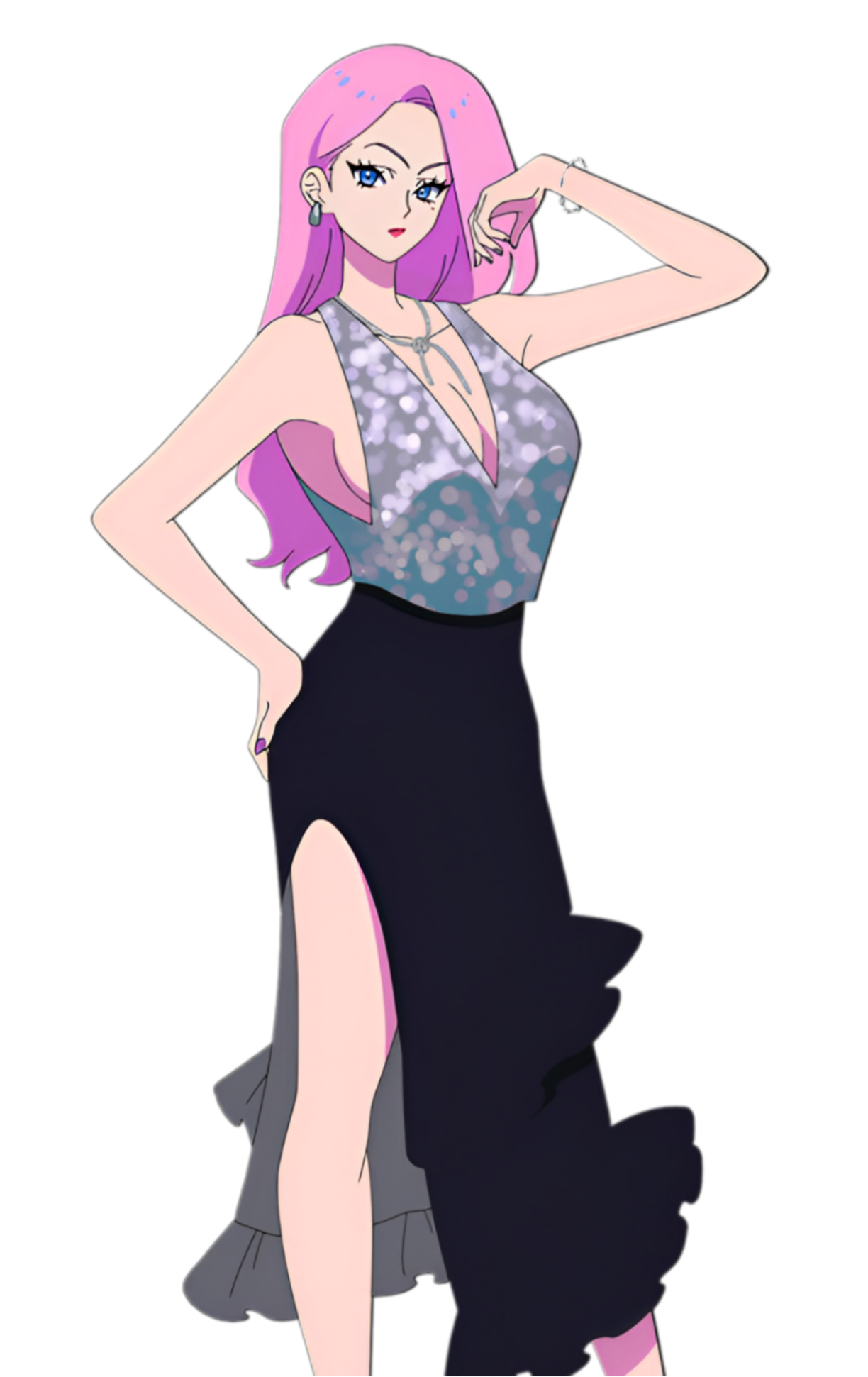 highres, 1girl, black skirt, blue eyes, dress, let's play: quest-darake no my life, long hair, looking at viewer, mckenzie monica, pink hair, skirt, upper body