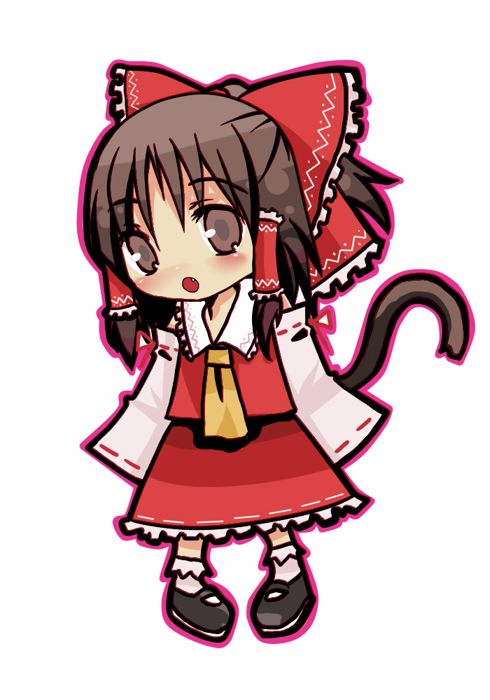 tateyama, hakurei reimu, imperishable night, touhou, 1girl, animal ears, bow, brown eyes, brown hair, cat ears, cat girl, cat tail, chibi, fang, female focus, full body, hair bow, japanese clothes, kemonomimi mode, mary janes, miko, ribbon, shoes, simple background, skirt, solo, tail, white background