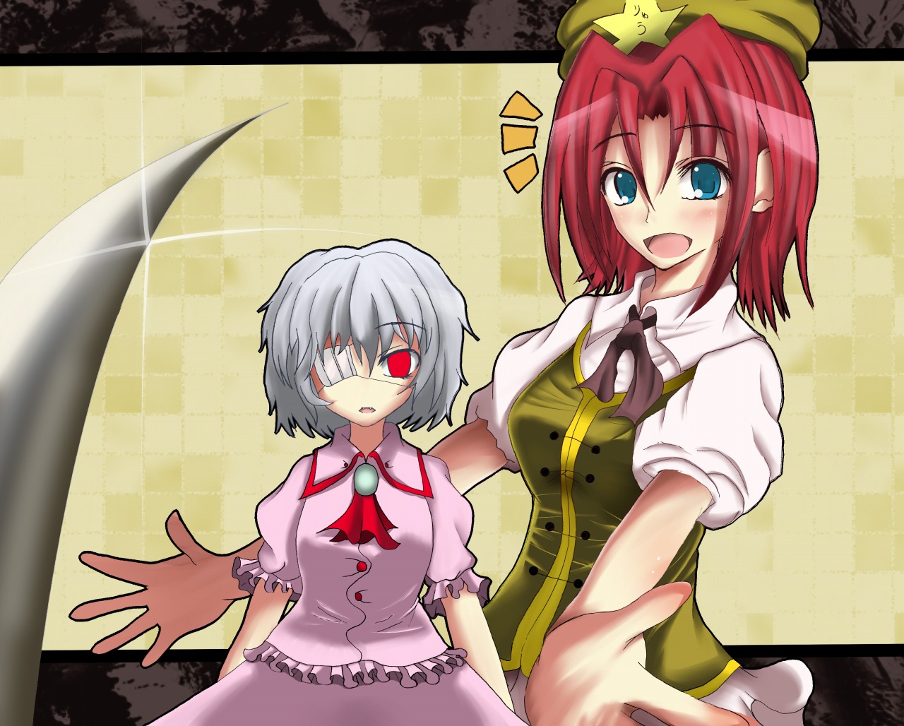 sukage, takaji, hong meiling, remilia scarlet, embodiment of scarlet devil, touhou, 2girls, alternate hair length, alternate hairstyle, eyepatch, fangs, female focus, multiple girls, short hair