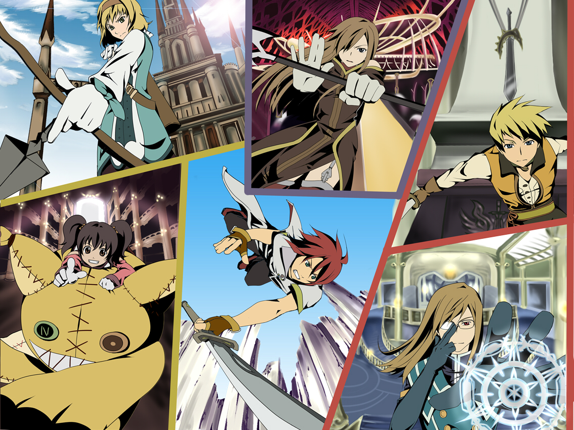 wacchi30, anise tatlin, guy cecil, jade curtiss, luke fon fabre, natalia luzu kimlasca lanvaldear, tear grants, tokunaga (tales), tales of (series), tales of the abyss, bad id, bad pixiv id, 00s, 3boys, 3girls, arrow (projectile), blonde hair, blue eyes, bow (weapon), brown eyes, brown hair, glasses, gloves, hairband, long hair, multiple boys, multiple girls, polearm, red eyes, smile, spear, sword, twintails, weapon