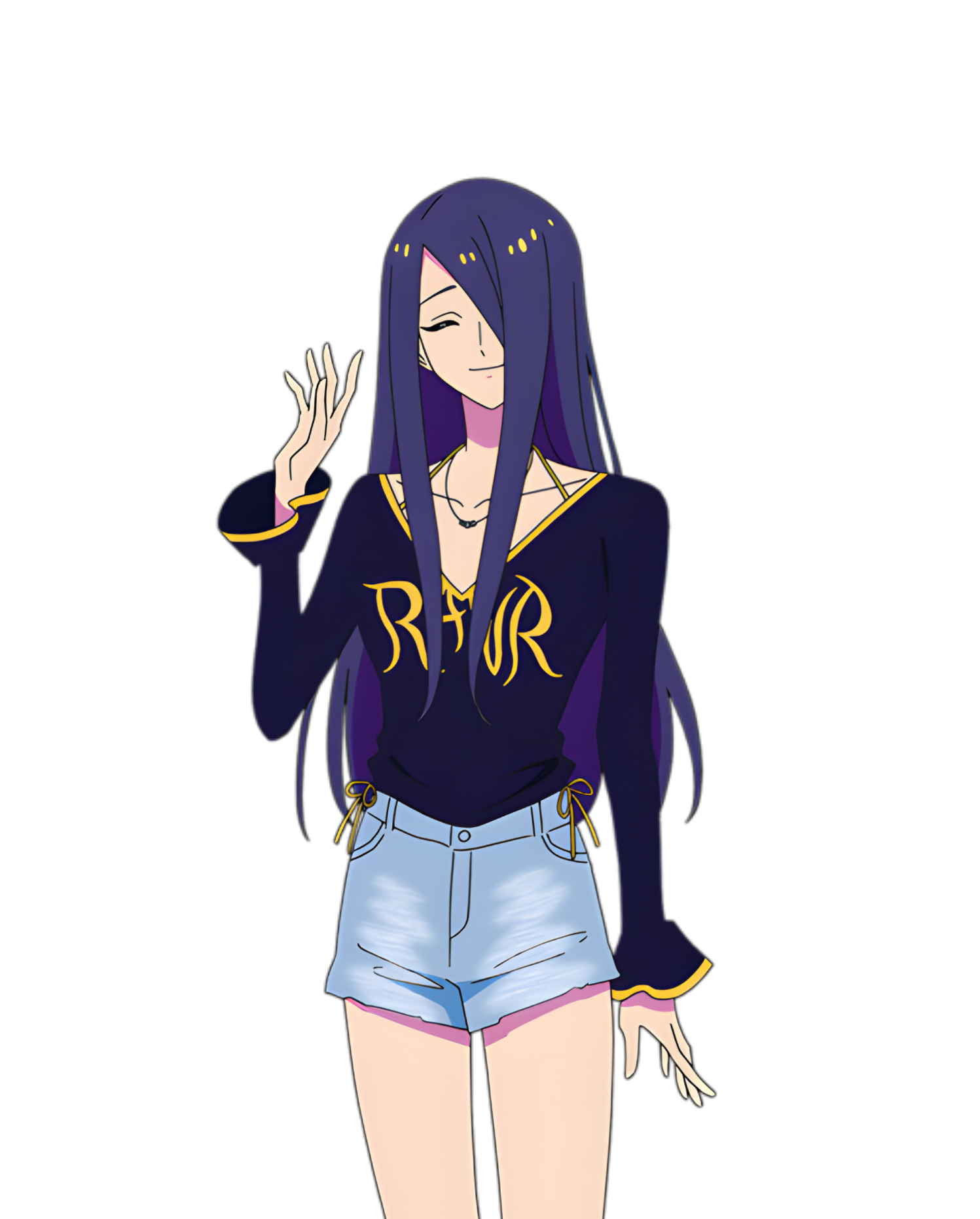 highres, 1girl, closed eyes, female focus, let's play: quest-darake no my life, long hair, purple hair, purple shirt, shirt, short shorts, shorts, smile, song vikki, upper body