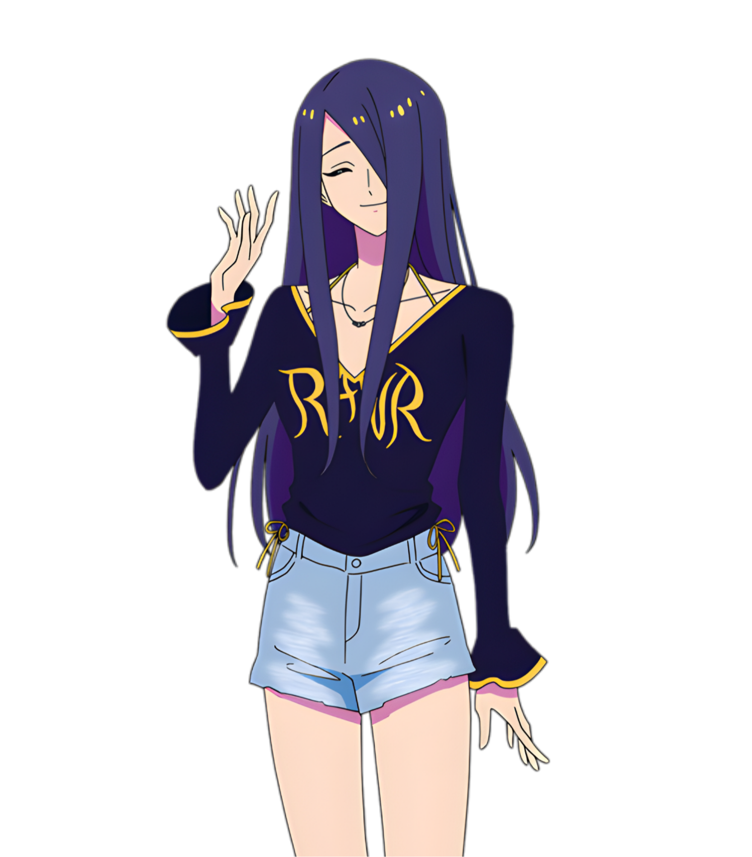 highres, 1girl, closed eyes, female focus, let's play: quest-darake no my life, long hair, purple hair, purple shirt, shirt, short shorts, shorts, smile, song vikki, upper body