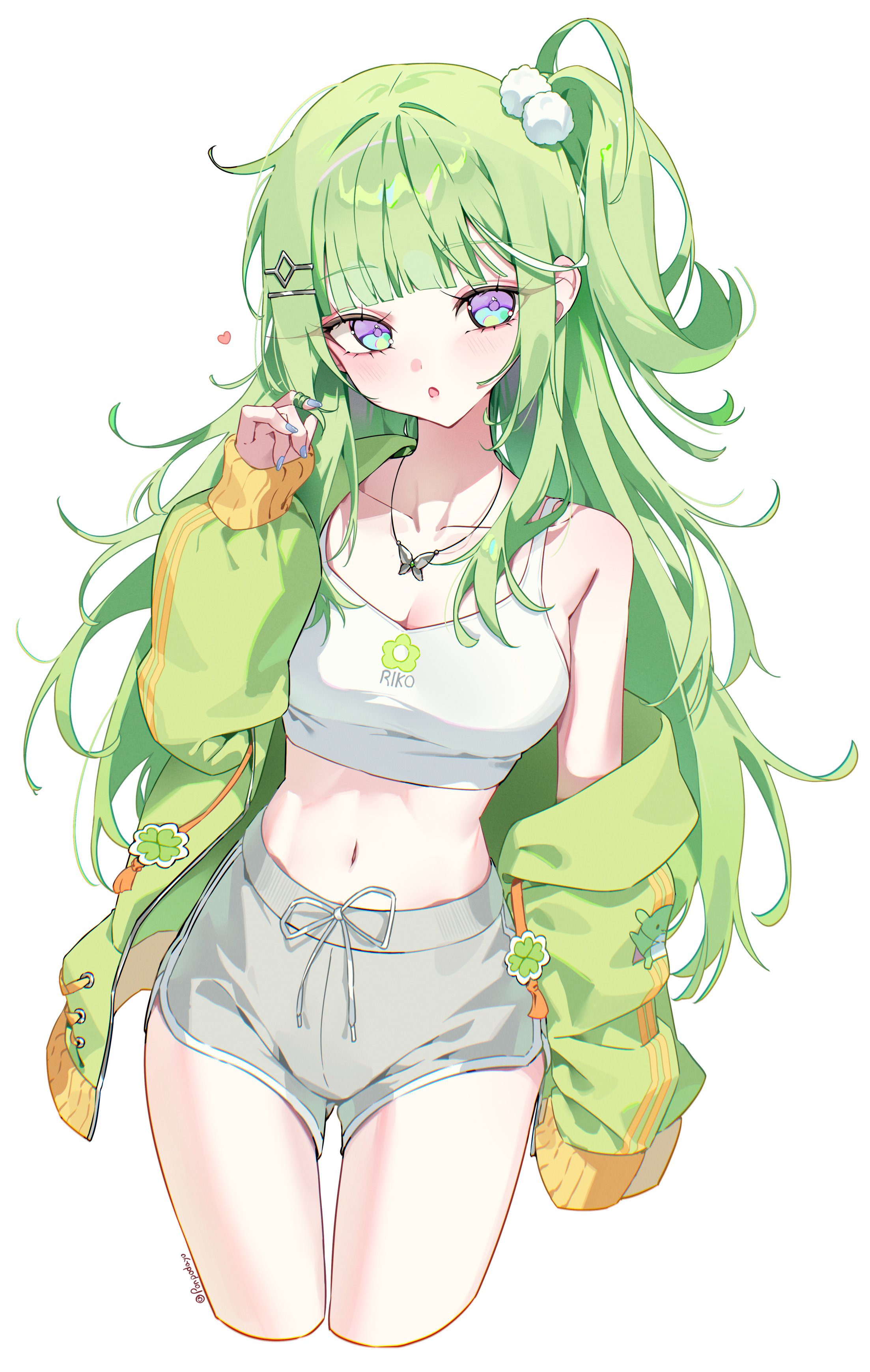 daimi 94, yuzuha riko, stellive, absurdres, commentary request, highres, korean commentary, 1girl, :o, arm at side, blue nails, breasts, butterfly necklace, character name, cleavage, clover, collarbone, crop top, cropped legs, dolphin shorts, fingernails, four-leaf clover, green hair, green jacket, grey shorts, hair ornament, hairclip, hand up, jacket, jewelry, large breasts, long hair, long sleeves, looking at viewer, midriff, multicolored eyes, multicolored hair, nail polish, navel, necklace, off shoulder, one side up, open clothes, open jacket, parted lips, playing with own hair, pom pom (clothes), pom pom hair ornament, print tank top, short shorts, shorts, simple background, solo, standing, streaked hair, tank top, twitter username, very long hair, virtual youtuber, white background, white tank top, wispy bangs