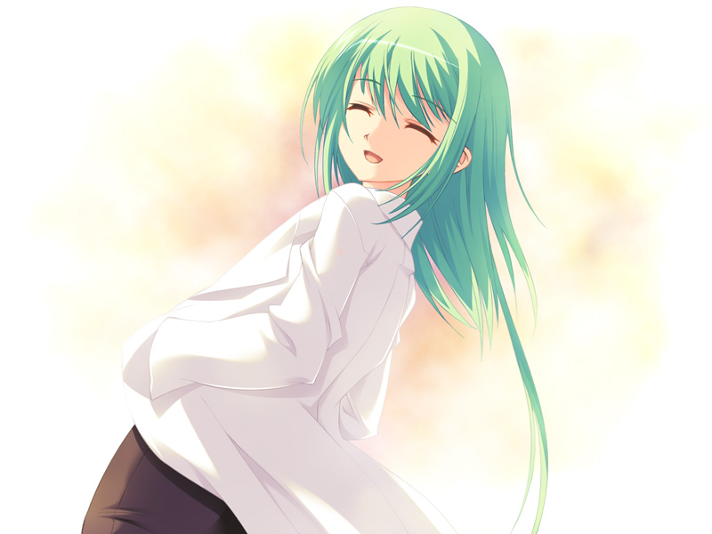 shinozuka atsuto, rizel the killer queen, tri-stars, game cg, non-web source, 1girl, androgynous, closed eyes, female focus, green hair, long hair, looking back, solo