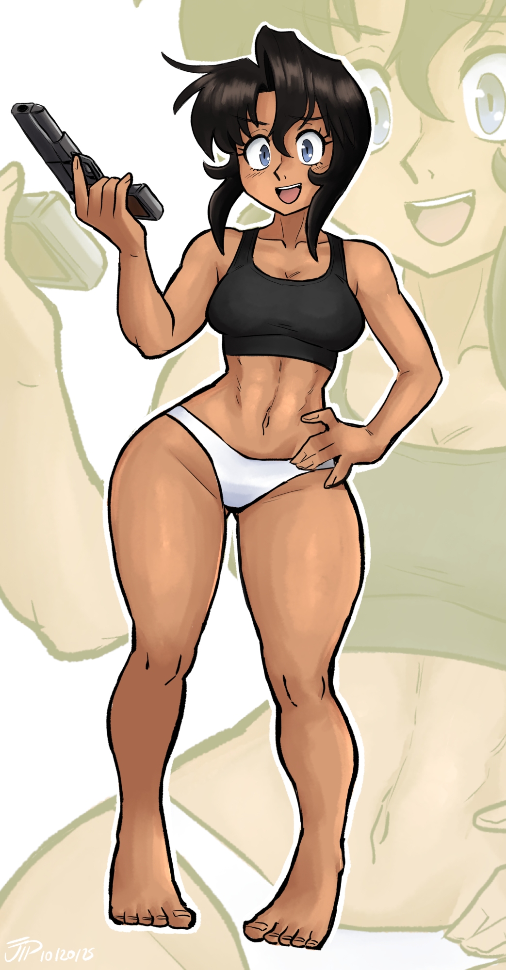 videajames, rally vincent, gunsmith cats, highres, 1girl, :d, abs, aiming up, artist name, barefoot, black hair, black sports bra, blue eyes, blush, bob cut, breasts, cleavage, collarbone, cz 75, dark-skinned female, dark skin, dated, eyelashes, full body, gluteal fold, groin, gun, hair between eyes, hand on own hip, handgun, holding, holding gun, holding weapon, initial, inverted bob, looking at viewer, medium breasts, navel, no pants, open mouth, outline, panties, short hair, short hair with long locks, sidelocks, signature, smile, solo, sports bra, standing, teeth, toes, toned, toned female, trigger discipline, underwear, upper teeth only, wavy hair, weapon, white background, white outline, white panties, wide hips, zoom layer