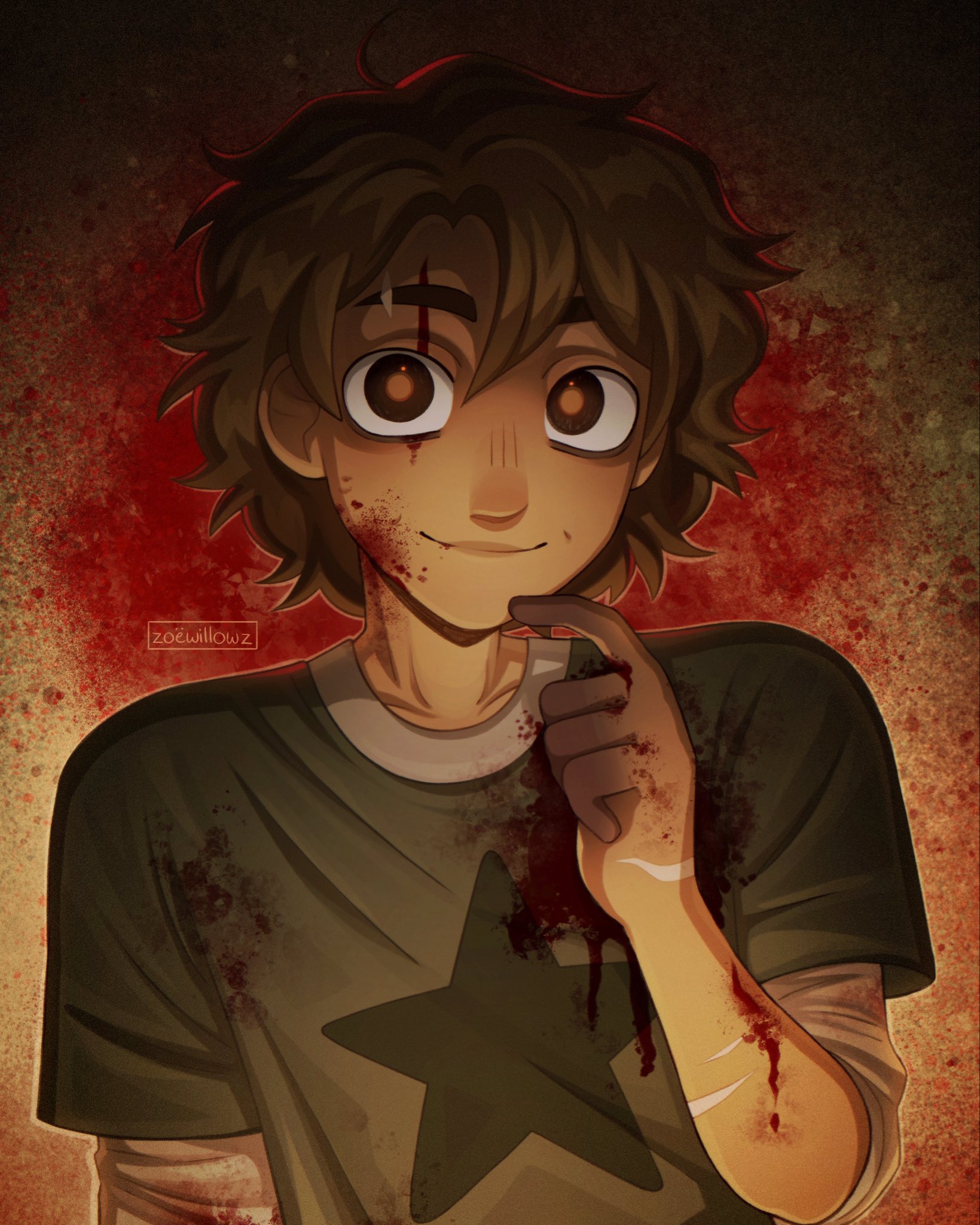 kel (faraway) (omori), kel (omori), omori, highres, 1boy, alternate eye color, alternate hairstyle, alternate universe, artist name, blood, blood on clothes, blood on face, blood on hands, brown eyes, brown hair, closed mouth, dark-skinned male, dark skin, green shirt, looking at viewer, male focus, messy hair, scar, scar on arm, shirt, short hair, short sleeves, smile, solo, t-shirt, upper body, zoewillowz