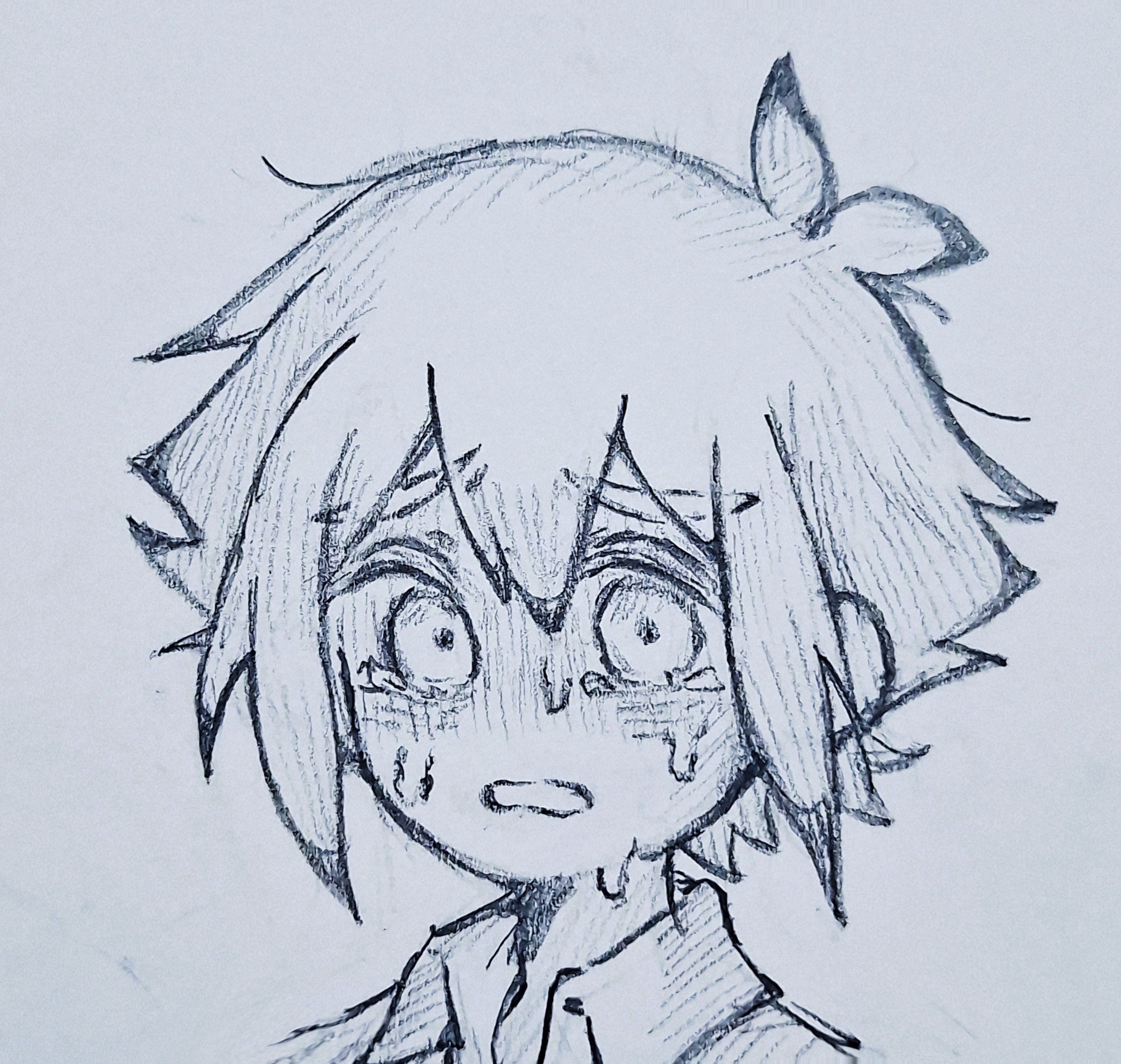 thatbirdcanfly, basil (faraway) (omori), basil (omori), omori, absurdres, highres, traditional media, 1boy, antenna hair, close-up, collared shirt, crying, double-parted bangs, greyscale, hair between eyes, male focus, monochrome, open mouth, shirt, short hair, sidelocks, simple background, solo, upper body