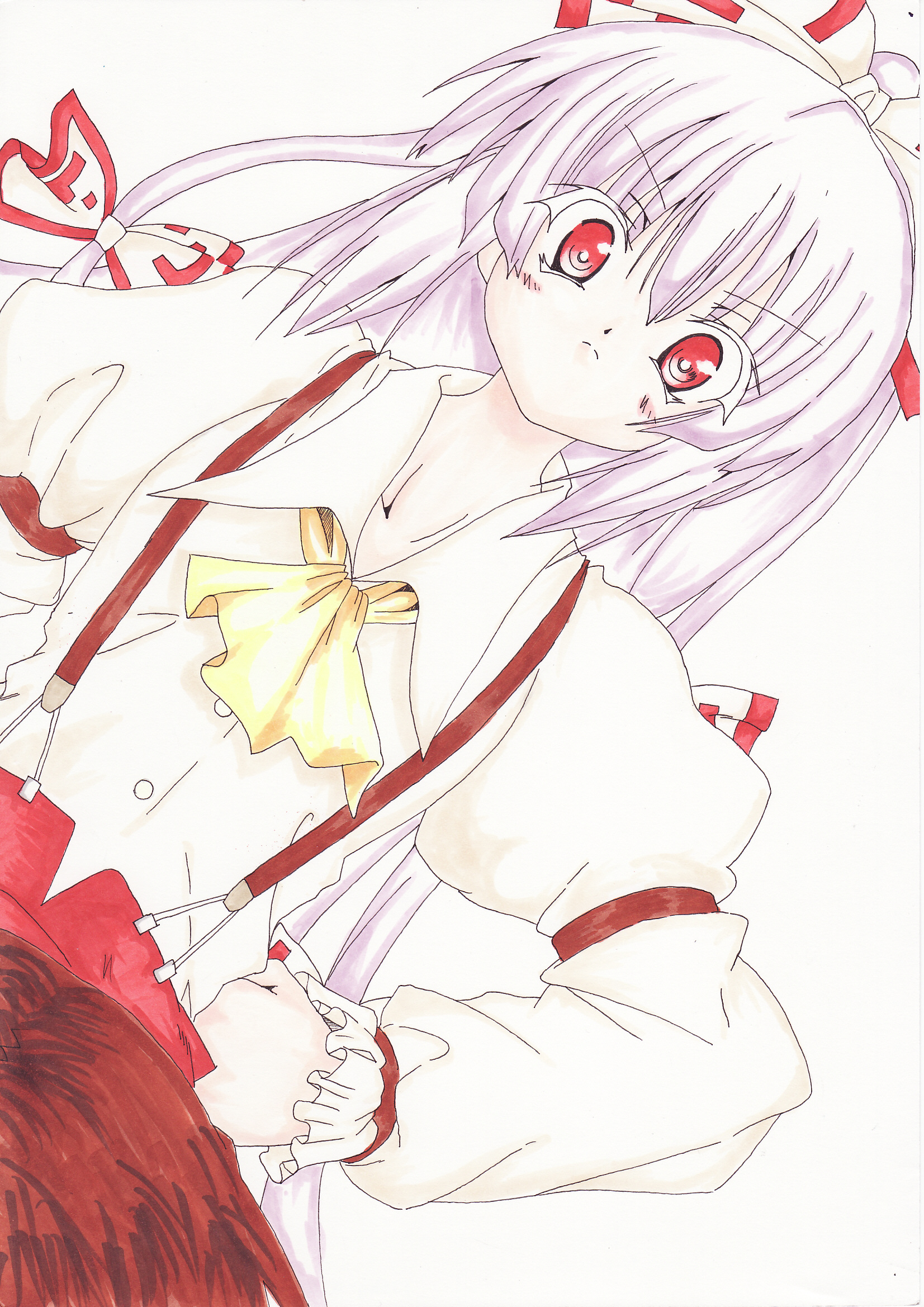sakanaka kusero, fujiwara no mokou, touhou, silver hair, bad id, bad pixiv id, highres, 1girl, bow, female focus, hair bow, hair ribbon, long hair, multiple hair bows, red eyes, ribbon, solo, standing, suspenders, white background