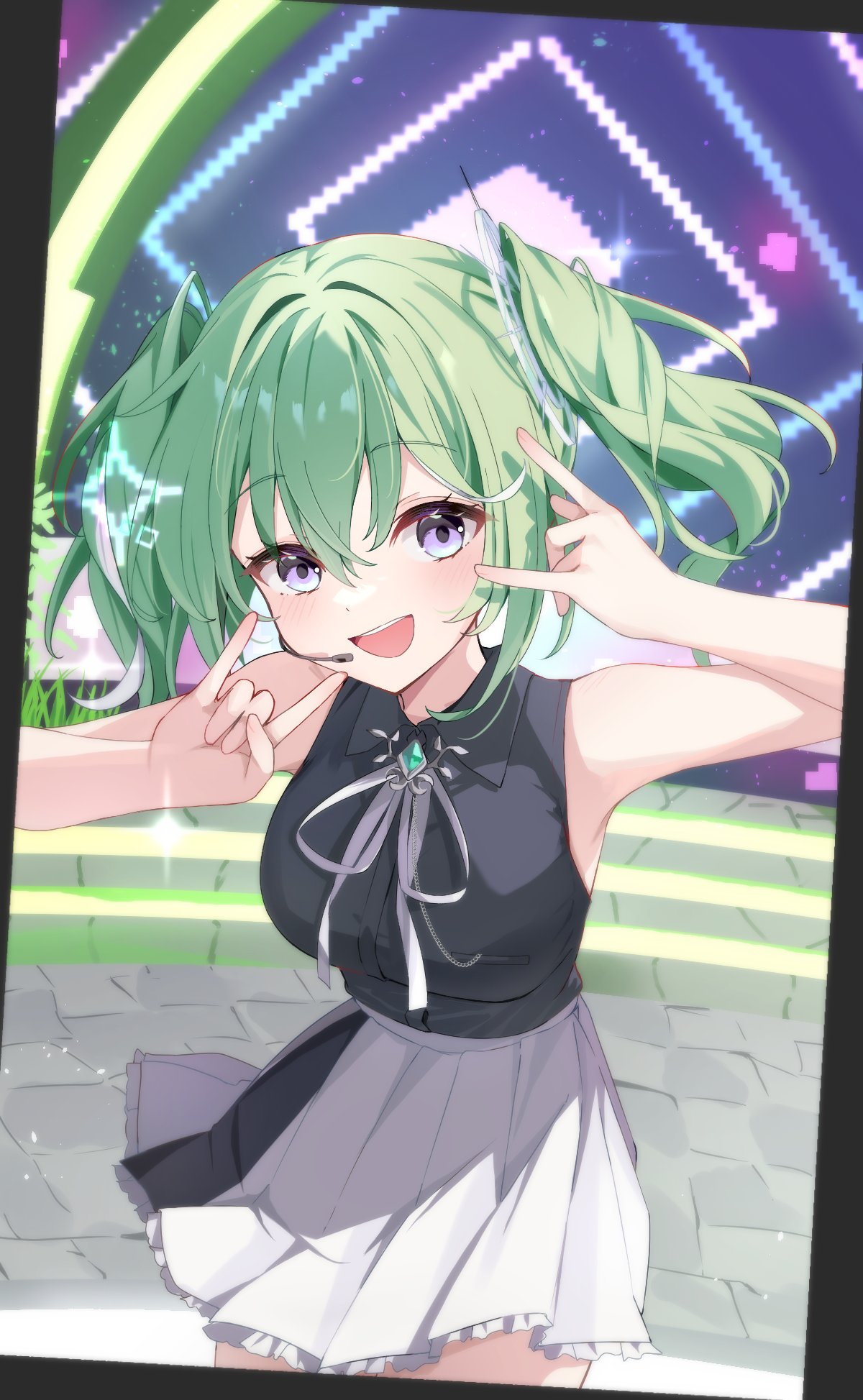 yuzuha riko, stellive, commentary, highres, symbol-only commentary, 1girl, n/, black shirt, breasts, brooch, chain, collared shirt, cowboy shot, gem, green gemstone, green hair, grey ribbon, grey skirt, hair between eyes, hands up, headset, henaaaa, jewelry, large breasts, long bangs, medium hair, neck ribbon, open mouth, pleated skirt, purple eyes, ribbon, shirt, shirt tucked in, skirt, sleeveless, sleeveless shirt, smile, solo, standing, twintails, virtual youtuber, wing collar
