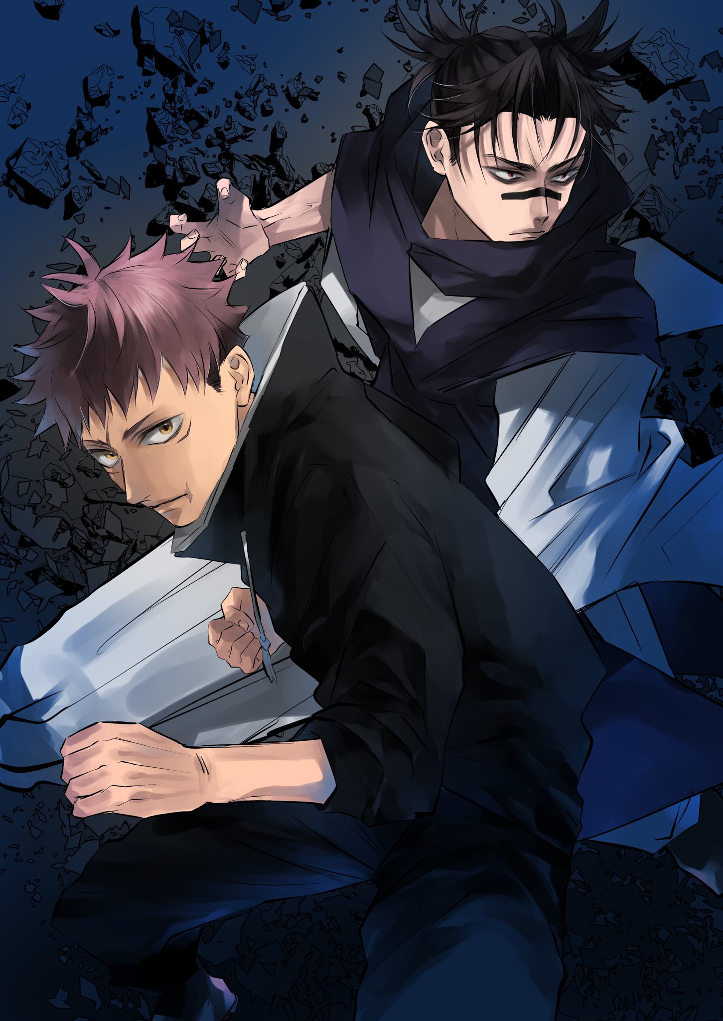 choso (jujutsu kaisen), itadori yuuji, jujutsu kaisen, highres, 2boys, antenna hair, black background, black hair, black hoodie, blue background, blue pants, blue tunic, brothers, clenched hands, debris, facial mark, fighting stance, frown, gradient background, hair intakes, hood, hood down, hoodie, koshian (mruc9), long sleeves, looking at viewer, looking to the side, male focus, messy hair, multiple boys, orange eyes, pants, parted bangs, pink hair, robe, rock, scar, scar on face, short hair, short twintails, siblings, sleeves rolled up, spiked hair, tunic, twintails, white robe, yellow eyes