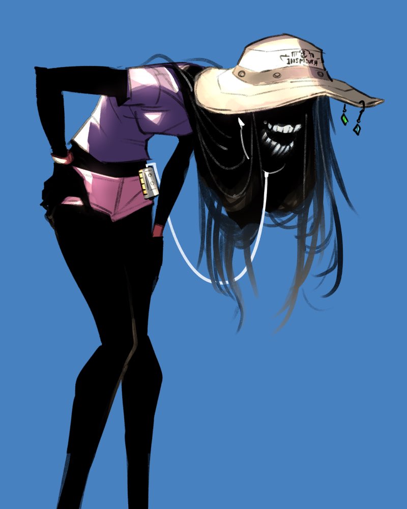 psuede, original, walkman, 1girl, bent over, black hair, black skin, bracelet, breasts, colored skin, earphones, eldritch abomination, hat, jewelry, long hair, looking at viewer, medium breasts, midriff, open mouth, pink shorts, purple shirt, shirt, shorts, simple background, solo, sun hat, tall female, teeth