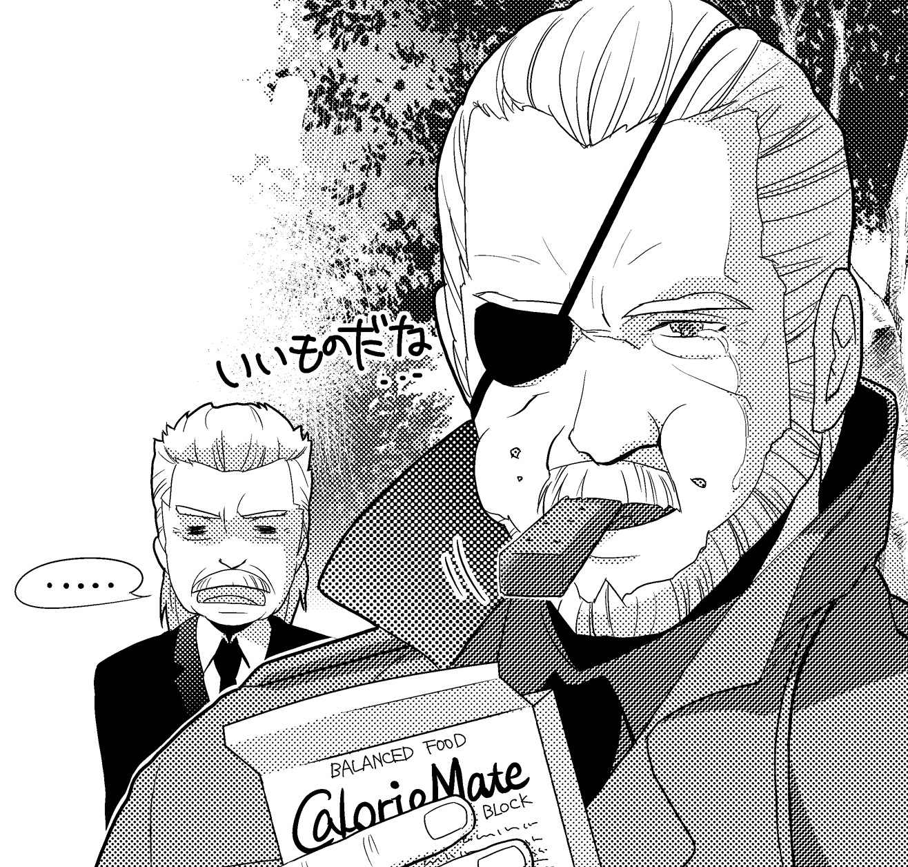 hinoe (dd works), big boss, old snake, solid snake, caloriemate, metal gear (series), metal gear solid 4: guns of the patriots, highres, 2boys, beard, eating, eyepatch, facial hair, food, formal clothes, greyscale, male focus, monochrome, multiple boys, mustache, necktie, suit, tears, upper body, white background