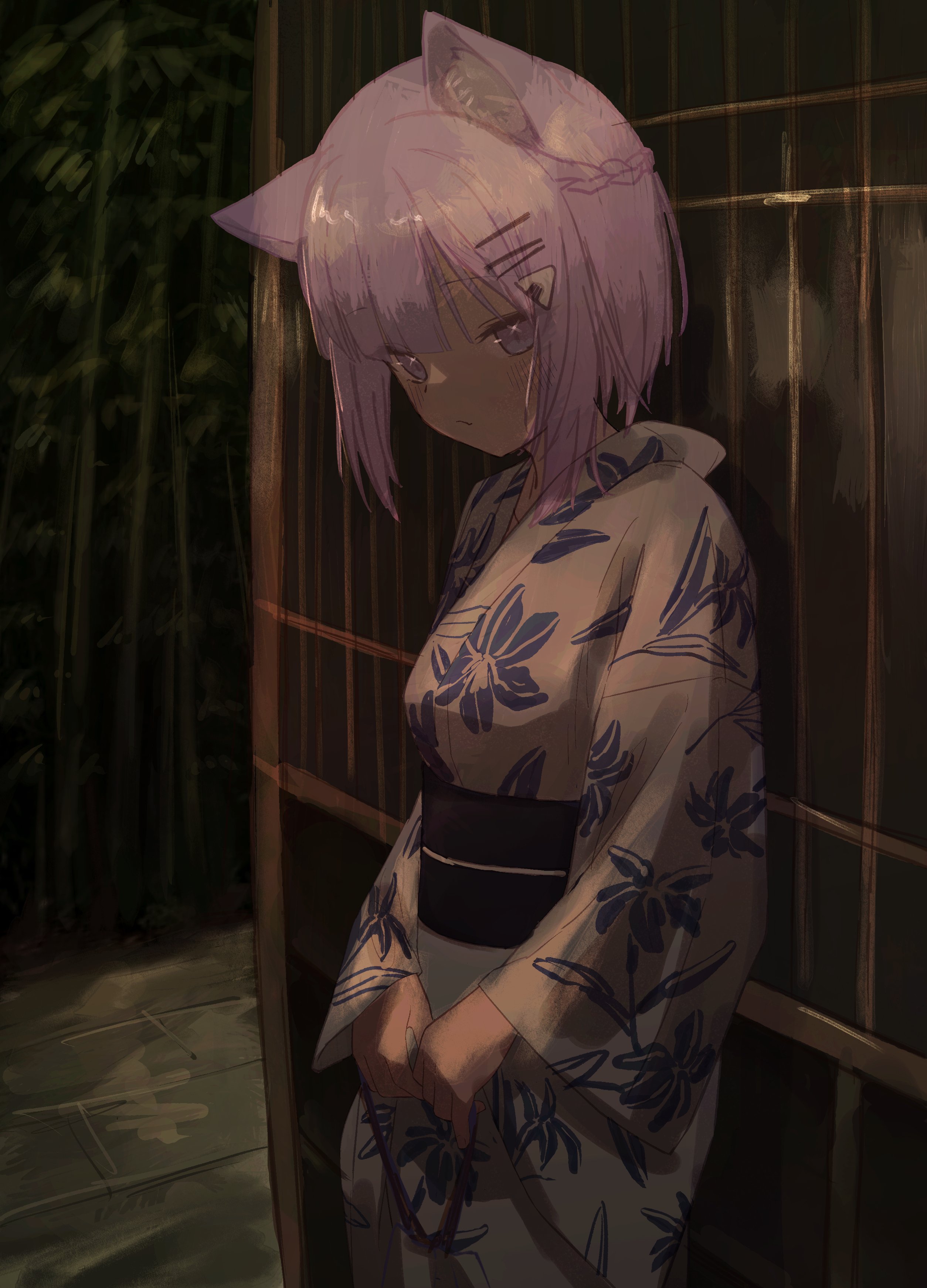 nanome to, nekomata okayu, hololive, absurdres, highres, 1girl, ahoge, animal ear fluff, animal ears, breasts, cat ears, cat girl, floral print, floral print kimono, food-themed hair ornament, hair between eyes, hair ornament, japanese clothes, kimono, large breasts, looking at viewer, onigiri hair ornament, print kimono, purple eyes, purple hair, sash, short hair, solo, virtual youtuber