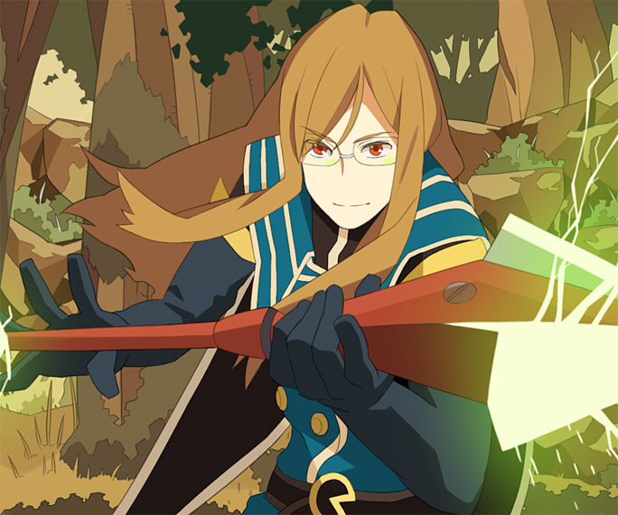 sentarou (1000bon), jade curtiss, tales of (series), tales of the abyss, bad id, bad pixiv id, 00s, 1boy, brown hair, glasses, gloves, long hair, male focus, polearm, red eyes, smile, solo, spear, weapon