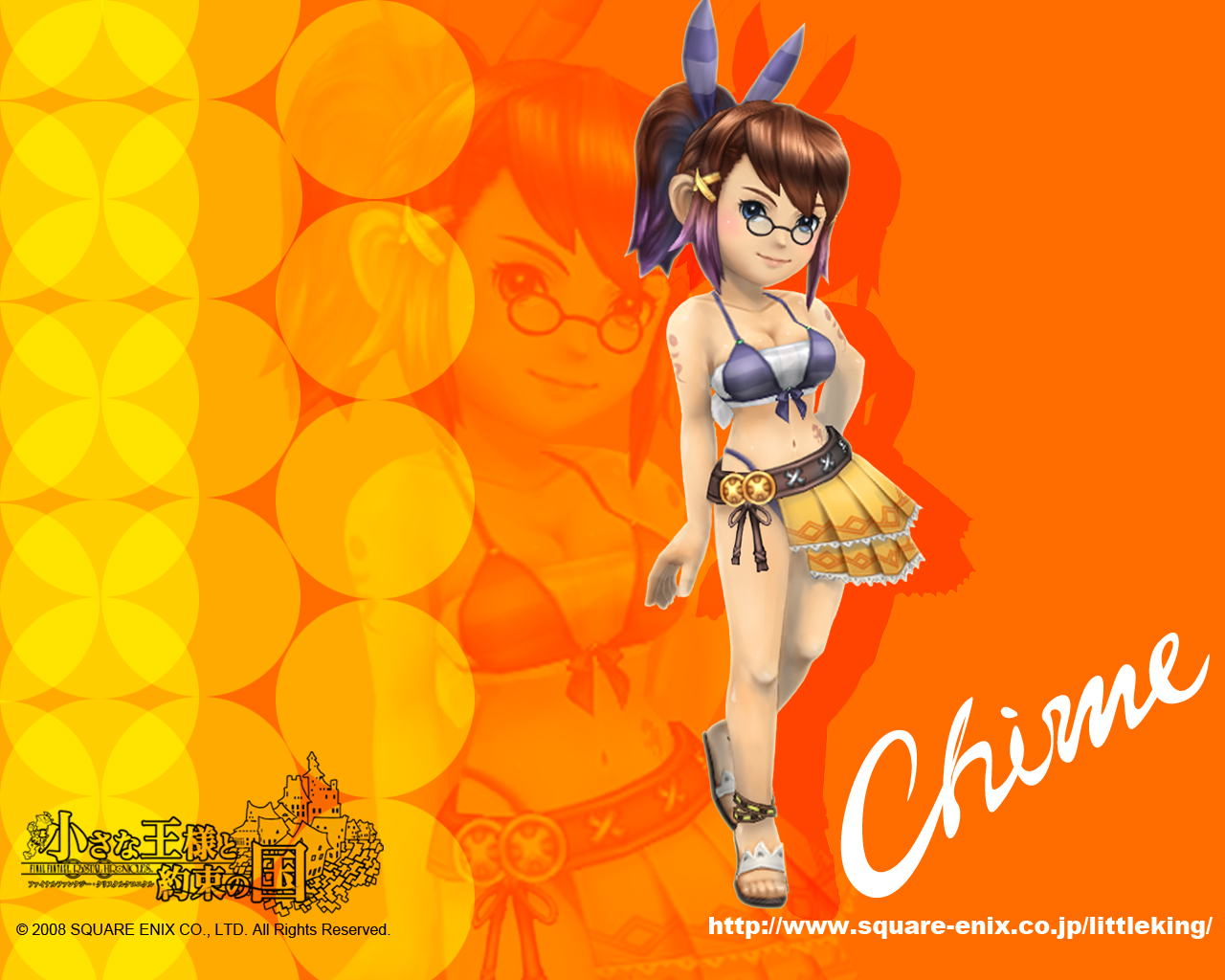 chime, clavat, selkie, final fantasy, final fantasy crystal chronicles, final fantasy crystal chronicles: my life as a king, official art, official wallpaper, 1girl, 3d, alternate costume, bikini, blush, female focus, front-tie top, glasses, ponytail, sandals, solo, swimsuit, tattoo