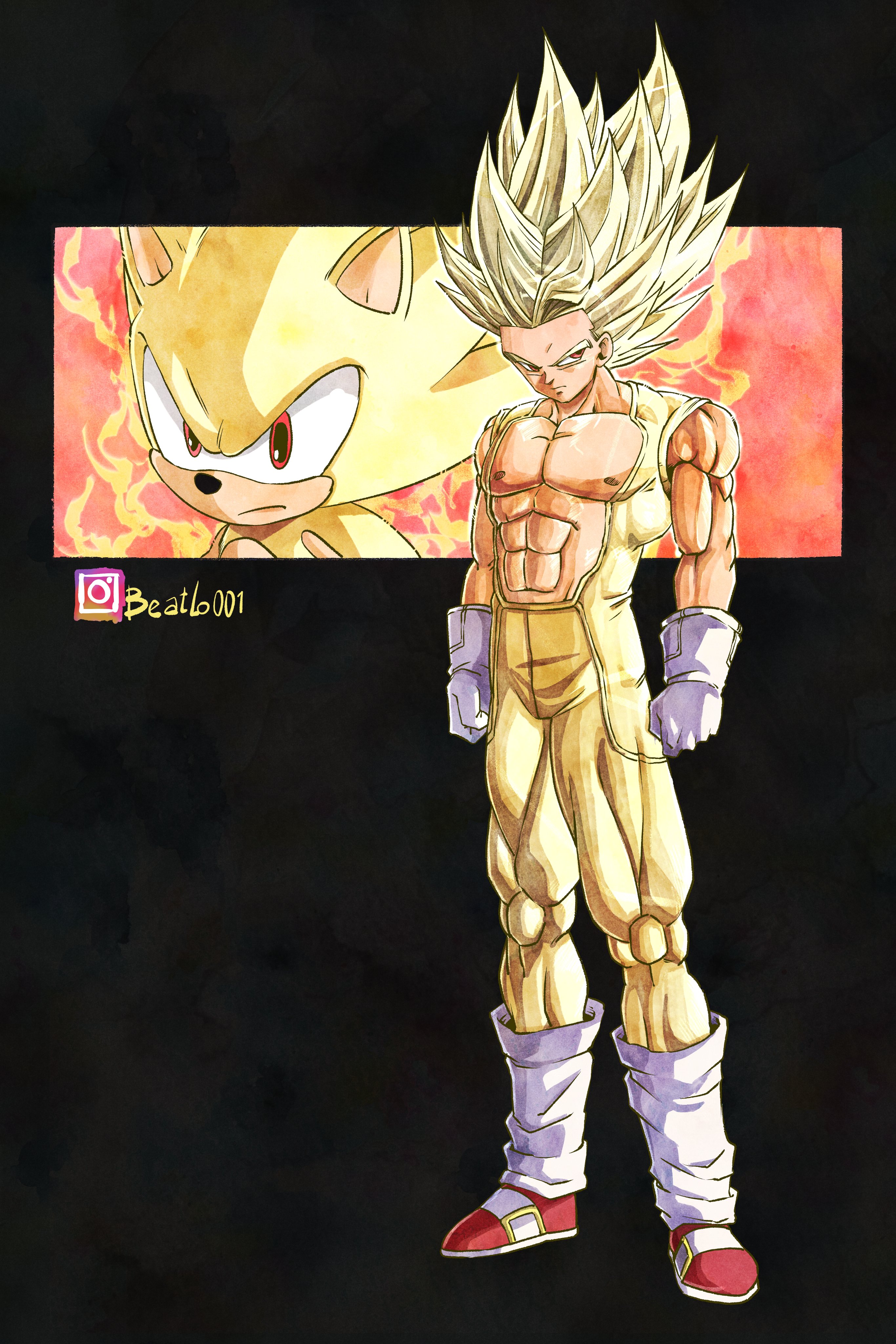 beatlo (rodrigo38658978), sonic the hedgehog, super sonic, dragon ball, dragonball z, sonic (series), absurdres, highres, 1boy, alternate form, aura, black background, blonde hair, full body, furry and humanization, gloves, humanization, instagram username, jumpsuit, leg warmers, looking at viewer, looking to the side, muscular, muscular male, red eyes, red shoes, shoes, sleeveless jumpsuit, toriyama akira (style), v-shaped eyebrows, white gloves, yellow jumpsuit