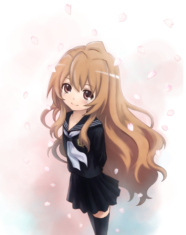 mzd421, aisaka taiga, toradora!, 00s, 1girl, alternate costume, black serafuku, brown eyes, brown hair, cherry blossoms, female focus, long hair, neckerchief, petals, school uniform, serafuku, solo, thighhighs, white neckerchief