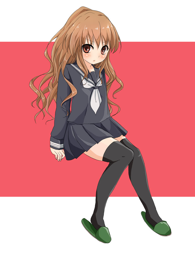 pantarou, ssld, aisaka taiga, toradora!, bad id, bad pixiv id, 00s, 1girl, black serafuku, brown eyes, brown hair, female focus, legs, long hair, school uniform, serafuku, slippers, solo, thighhighs