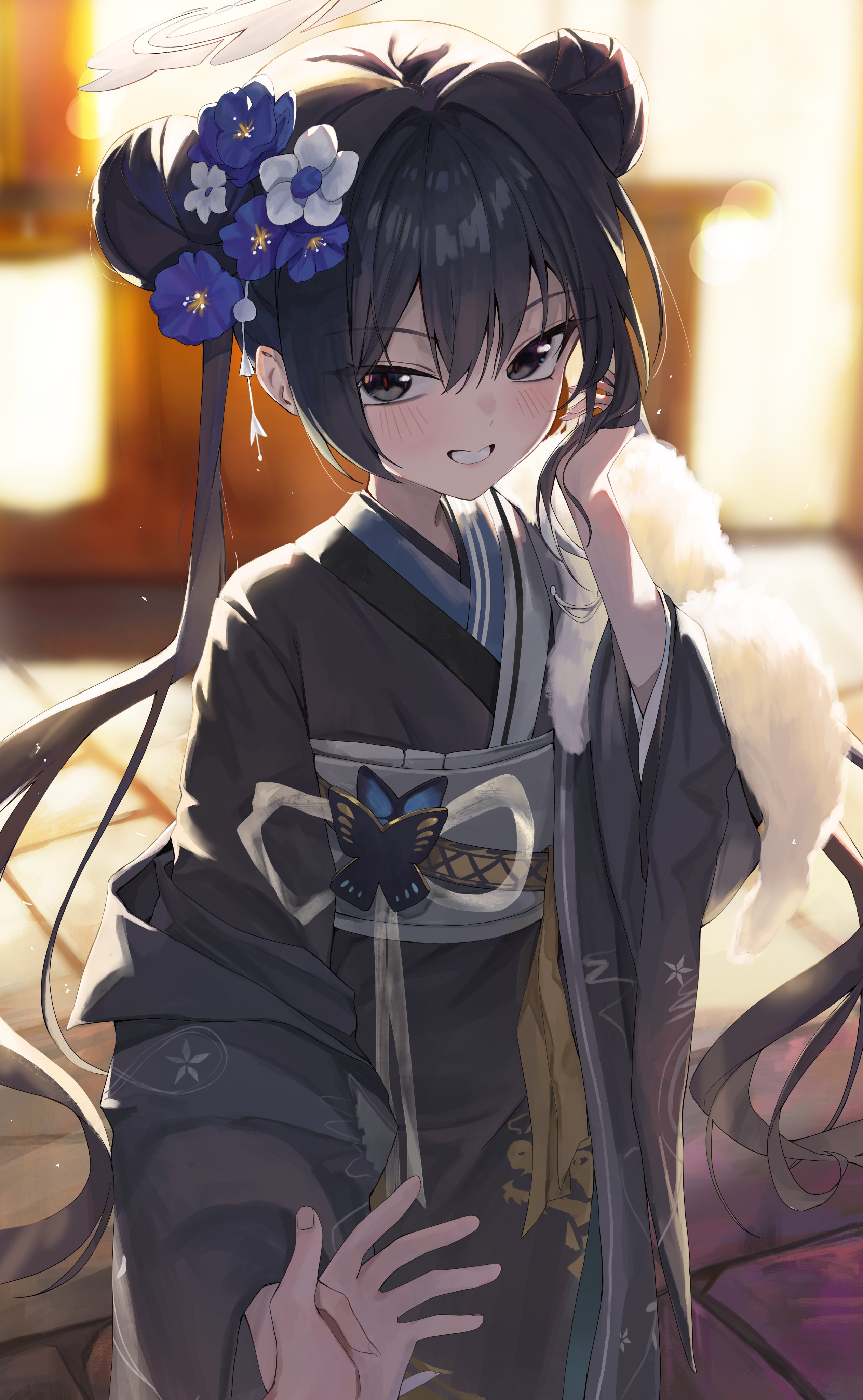 rosu 1109, kisaki (blue archive), blue archive, absurdres, commentary, highres, 1boy, 1girl, alternate costume, black hair, black kimono, blurry, blurry background, braid, braided bun, butterfly ornament, depth of field, double bun, flower, fur shawl, furisode, grabbing another's hand, grey eyes, grey halo, grin, hair bun, hair flower, hair ornament, halo, hand in own hair, japanese clothes, kimono, light blush, long hair, long sleeves, looking at viewer, obi, obijime, pov, pov hands, ribbon, sash, shawl, smile, solo focus, twintails