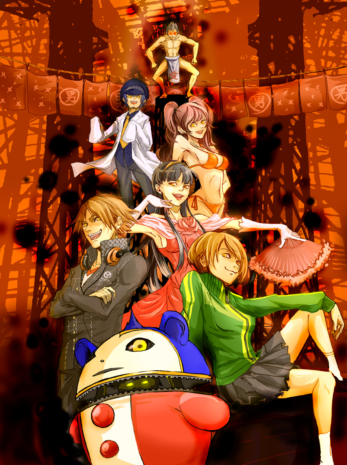kiwo, amagi yukiko, hanamura yousuke, kujikawa rise, kuma (persona 4), satonaka chie, shadow (persona), shadow chie, shadow kanji, shadow kuma, shadow naoto, shadow rise, shadow yousuke, shadow yukiko, shirogane naoto, tatsumi kanji, atlus, megami tensei, persona, persona 4, shin megami tensei, highres, 2boys, 4girls, bad end, bikini, black eyes, blue hair, brown hair, dark persona, dress, evil grin, evil smile, fundoshi, glowing, glowing eyes, gown, grey hair, grin, hand fan, hat, headphones, japanese clothes, multiple boys, multiple girls, necktie, red eyes, red hair, school uniform, smile, swimsuit, tiara, twintails, yellow eyes