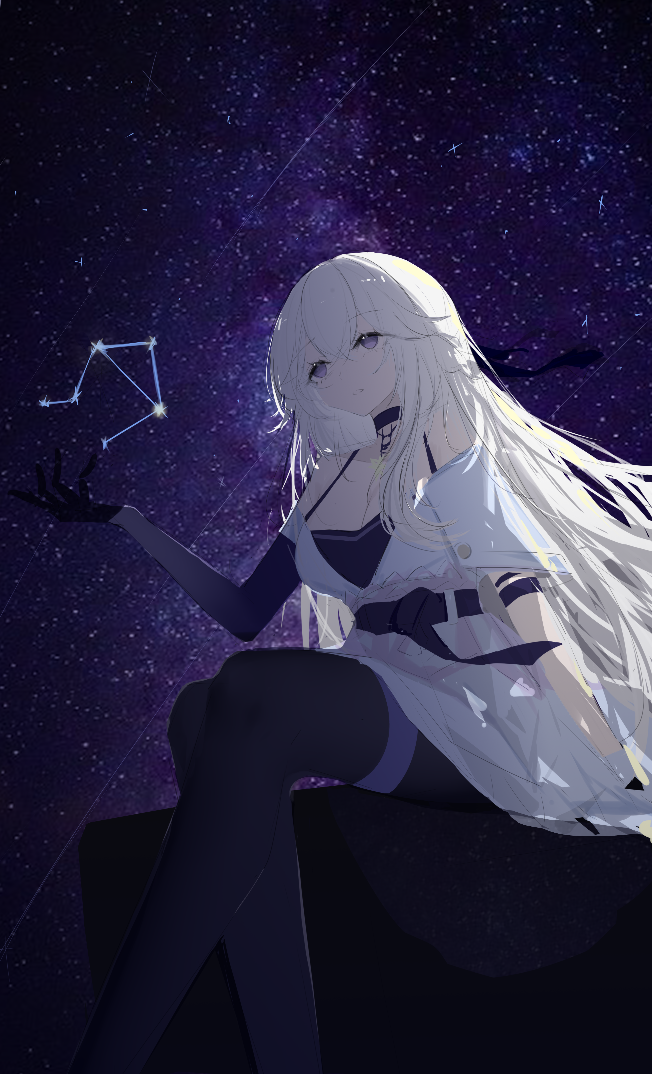 he yue, celestia (midsummer night) (strinova), celestia (strinova), strinova, absurdres, highres, 1girl, arm warmers, bare shoulders, belt, breasts, choker, cleavage, collarbone, constellation, from side, hair flaps, halterneck, hand up, large breasts, long hair, night, night sky, pantyhose, parted lips, purple eyes, sidelocks, sitting, sky, solo, star (sky), starry sky, teeth, white hair