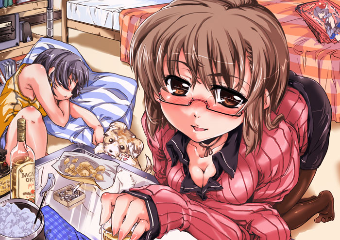 arima jin, 2girls, alcohol, breasts, cigarette, cleavage, dog, drunk, glasses, multiple girls, pantyhose, pillow, short hair, sleeping