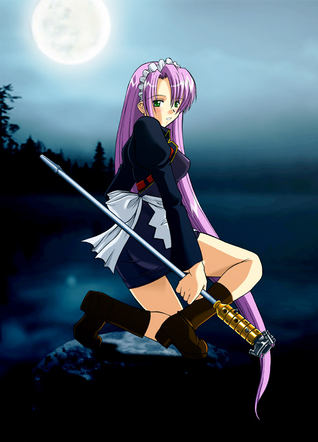 murasaki shu, apron, boots, green eyes, long hair, maid, maid apron, moon, purple hair, solo, very long hair