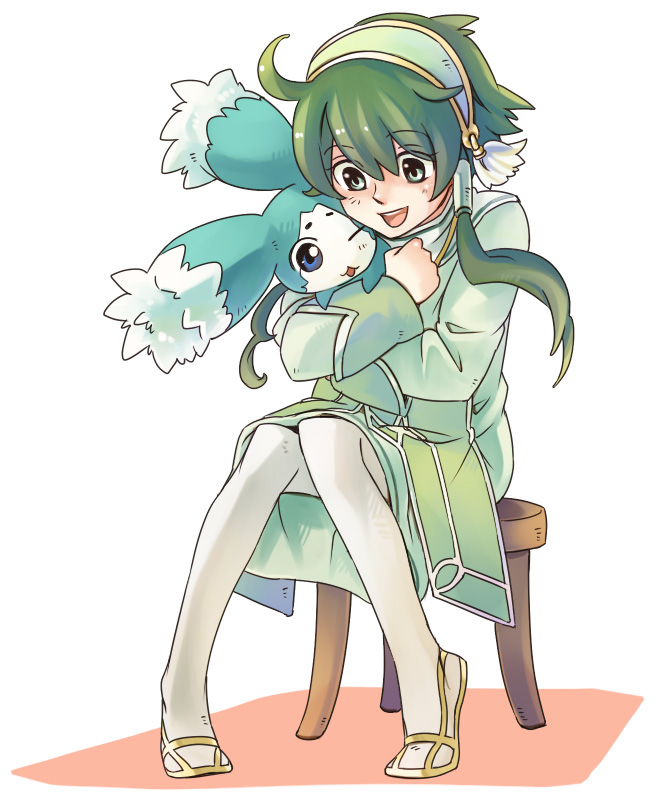 emi (10-rankai), ion (tales), mieu (tales), tales of (series), tales of the abyss, bad id, bad pixiv id, 00s, 1boy, blue eyes, creature, green eyes, green hair, hair tubes, hug, male focus, matching hair/eyes, one eye closed, pantyhose, smile, solo, white background, white pantyhose, wink