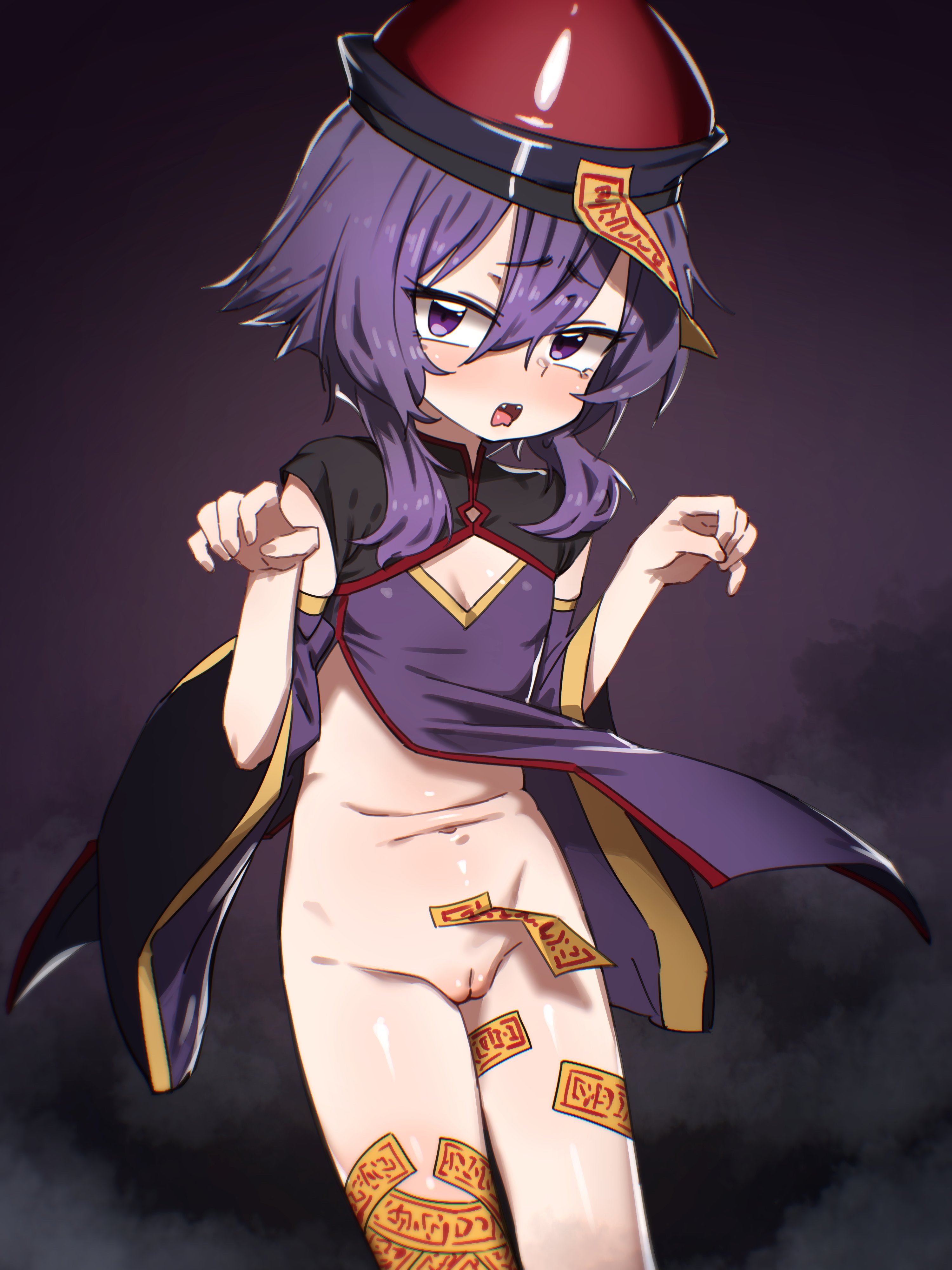 ggokoo, haruka (blue archive), blue archive, absurdres, highres, 1girl, blush, bottomless, cleavage cutout, cleft of venus, clothing cutout, fangs, hands up, hat, hat ornament, jiangshi costume, looking at viewer, navel, ofuda, open mouth, pussy, solo, uncensored