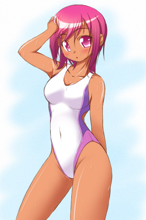 hirorin, nekono matatabi, original, 1girl, competition swimsuit, dark-skinned female, dark skin, female focus, one-piece swimsuit, red eyes, red hair, short hair, solo, swimsuit, wet