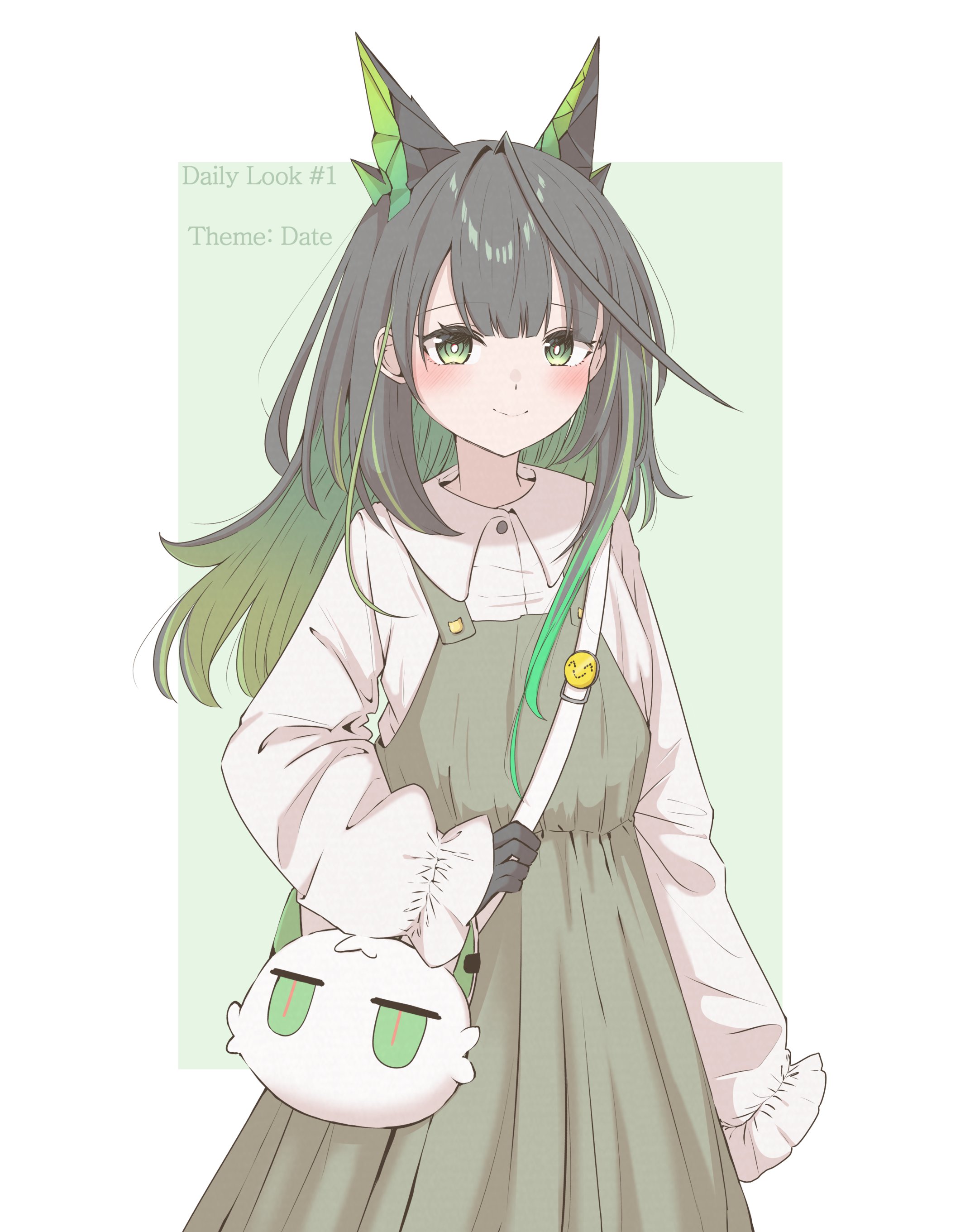 procaine (nemurenai), mon3tr (arknights), arknights, absurdres, commentary, english commentary, highres, 1girl, ahoge, alternate costume, bag, black hair, blush, border, bright pupils, closed mouth, colored inner hair, dress, emoji, english text, green background, green dress, green eyes, green hair, handbag, huge ahoge, long hair, looking at viewer, multicolored hair, outside border, pinafore dress, sleeveless, sleeveless dress, sleeves past wrists, smile, solo, white border, white dress, white pupils