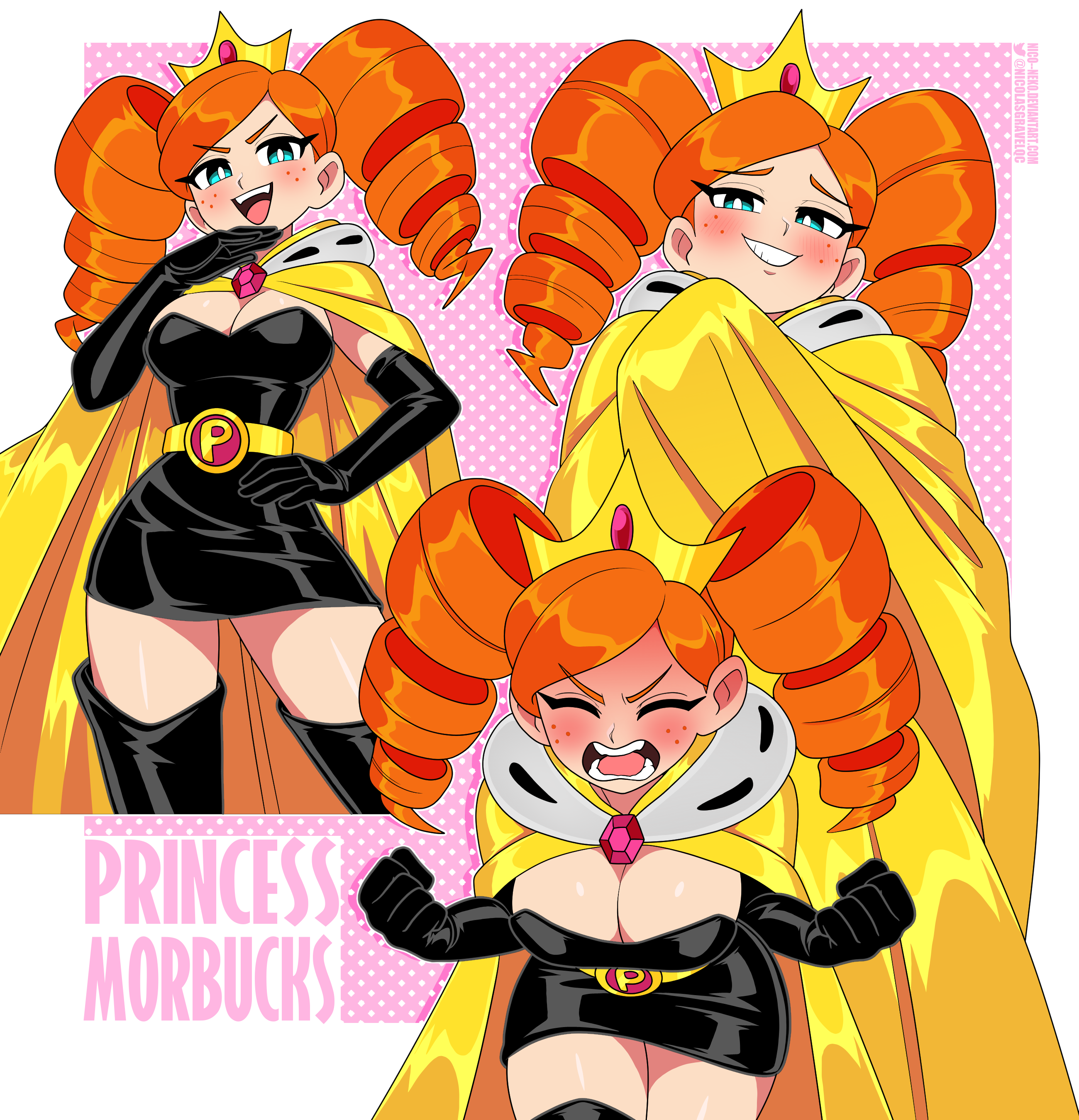 nico-neko, princess morbucks, powerpuff girls, absurdres, highres, 1girl, aged up, angry, black boots, black dress, black gloves, blue eyes, boots, breasts, cape, cleavage, closed eyes, cropped legs, crown, dress, drill hair, elbow gloves, freckles, fur-trimmed cape, fur trim, gloves, grin, hand on own hip, medium breasts, ojou-sama pose, open mouth, orange hair, shouting, simple background, smile, smug, thigh boots, twin drills, twintails, yellow cape