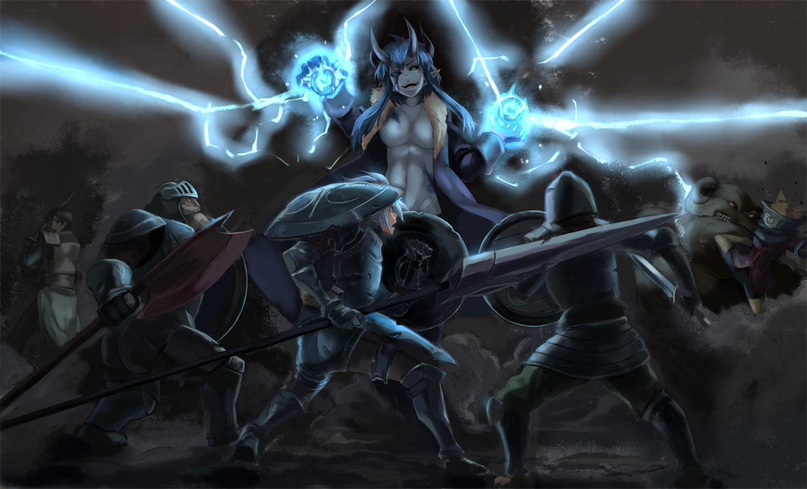 iwaya, pixiv fantasia, pixiv fantasia 3, 1girl, 4boys, armor, axe, battle, blue hair, gauntlets, greaves, helmet, horns, magic, multiple boys, polearm, shield, spear, sword, weapon