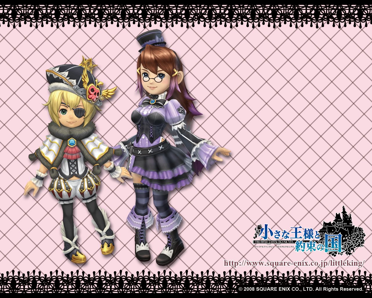 chime, clavat, king leo, leo (ffcc), selkie, final fantasy, final fantasy crystal chronicles, final fantasy crystal chronicles: my life as a king, 1boy, 1girl, 3d, alternate costume, alternate hairstyle, eyepatch, glasses, gothic lolita, hat, lolita fashion, thighhighs