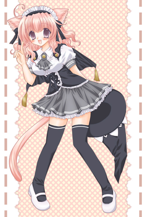 shararan, bad id, bad pixiv id, 1girl, ahoge, animal ears, breasts, cat ears, cat girl, cat tail, female focus, full body, hat, maid headdress, pink eyes, pink hair, pointing, purple eyes, skirt, solo, tail, thighhighs, witch hat, zettai ryouiki