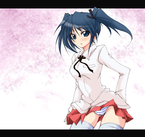 hazuki haru, bad id, bad pixiv id, lowres, 1girl, blue eyes, blue hair, blush, breasts, female focus, gluteal fold, groin, hair ribbon, legs apart, long hair, long sleeves, looking at viewer, medium breasts, panties, pantyshot, parted lips, pleated skirt, red skirt, ribbon, shirt, skirt, solo, standing, striped clothes, striped panties, thighhighs, thighs, twintails, two side up, underwear, white shirt, white thighhighs