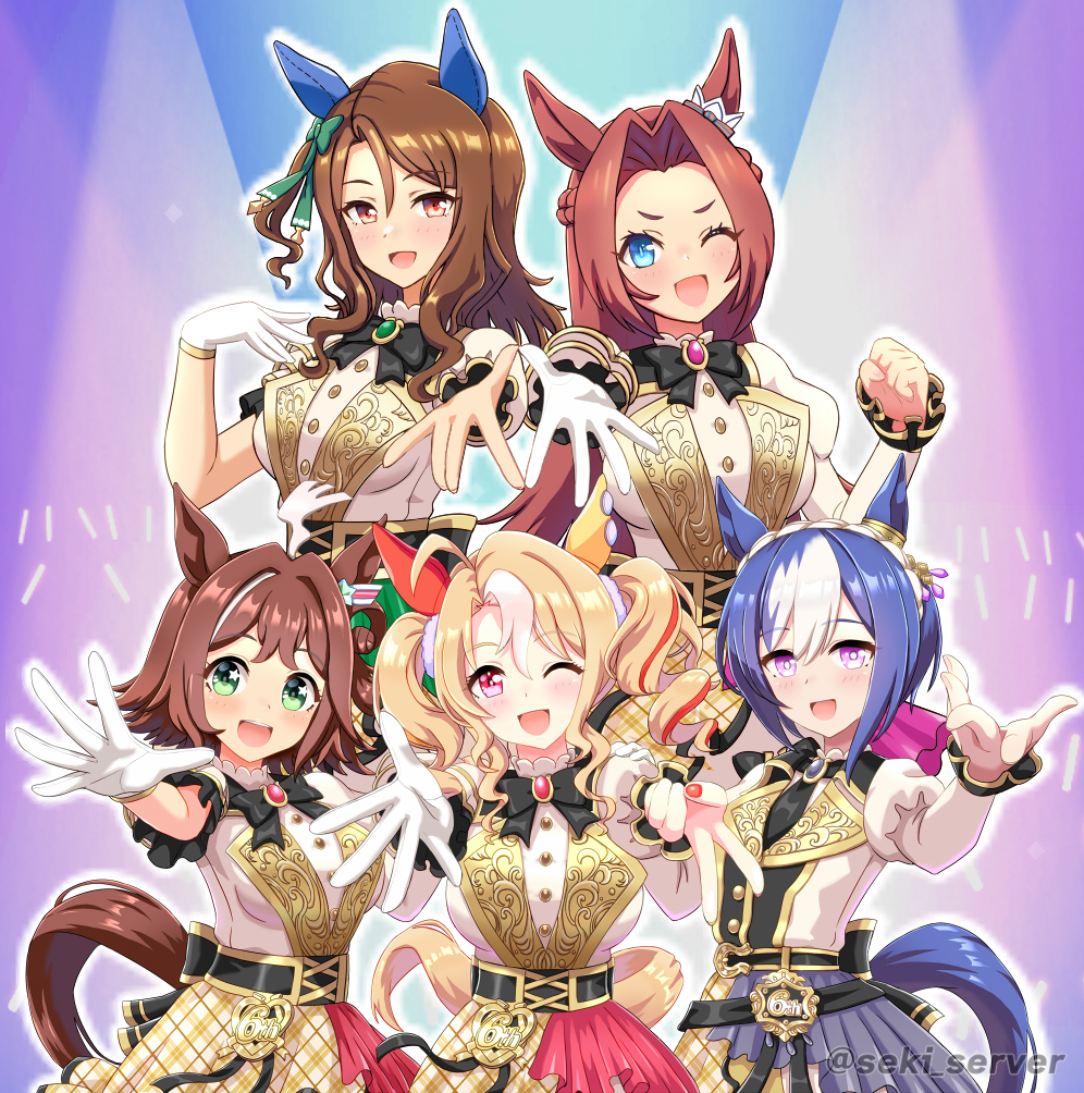 seki (hyokosho), cesario (umamusume), fusaichi pandora (umamusume), kawakami princess (umamusume), king halo (umamusume), rhein kraft (umamusume), umamusume, 5girls, animal ears, blonde hair, blue eyes, brown hair, ear covers, gloves, green eyes, horse ears, horse girl, horse tail, long hair, looking at viewer, medium hair, multiple girls, open mouth, purple eyes, red eyes, short hair, smile, tail, white gloves
