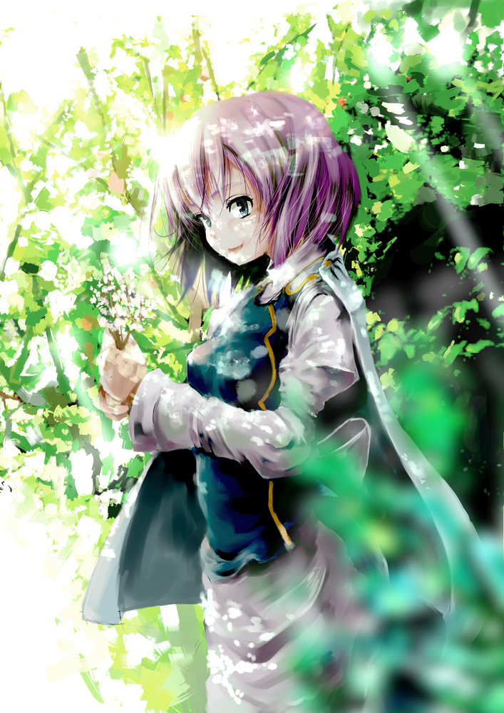 yae (mono110), letty whiterock, touhou, bad id, bad pixiv id, 1girl, blue eyes, cape, female focus, flower, light smile, nature, purple hair, short hair, smile, solo