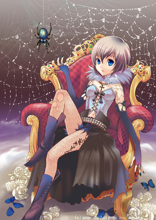 inoue takako, original, silver hair, blue eyes, boots, bug, butterfly, elbow gloves, fingerless gloves, flower, gloves, insect, ribbon, rose, silk, sitting, solo, spider, spider web, throne