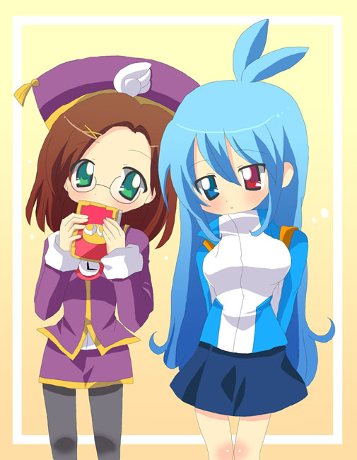 dokimeka, klug (puyopuyo), sig (puyopuyo), madou monogatari, puyopuyo, bad id, bad pixiv id, gender request, 2girls, ahoge, blue eyes, blue hair, book, brown hair, genderswap, glasses, green eyes, hair ornament, hairclip, hat, heterochromia, multiple girls, pantyhose, red eyes, short hair, skirt