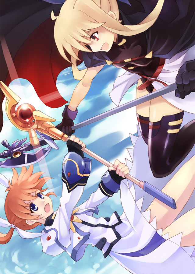 kouno hikaru, bardiche (axe form) (nanoha), bardiche (nanoha), fate testarossa, fate testarossa (movie 1st form), raising heart, raising heart (device mode) (1st), takamachi nanoha, takamachi nanoha (movie 1st mode), lyrical nanoha, mahou shoujo lyrical nanoha, mahou shoujo lyrical nanoha the movie 1st, bad id, bad pixiv id, 10s, 2girls, blonde hair, blue eyes, brown hair, long hair, multiple girls, red eyes, ribbon, short hair, thighhighs, twintails