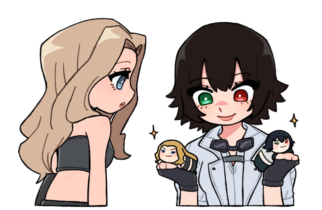 lady (devil may cry), trish (devil may cry), devil may cry (series), devil may cry 5, 2girls, black gloves, black hair, blonde hair, fingerless gloves, gloves, goggles, goggles around neck, green eyes, heterochromia, holding, holding stuffed toy, iluvmyhamster69, jacket, midriff, multiple girls, red eyes, simple background, smile, sparkle, stuffed animal, stuffed toy, white background, white jacket